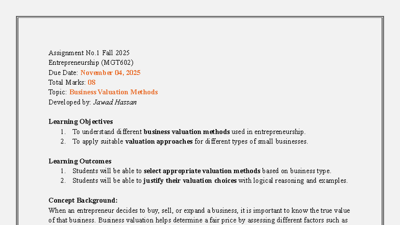 MGT602 Assignment 1: Business Valuation Methods Overview - Studocu