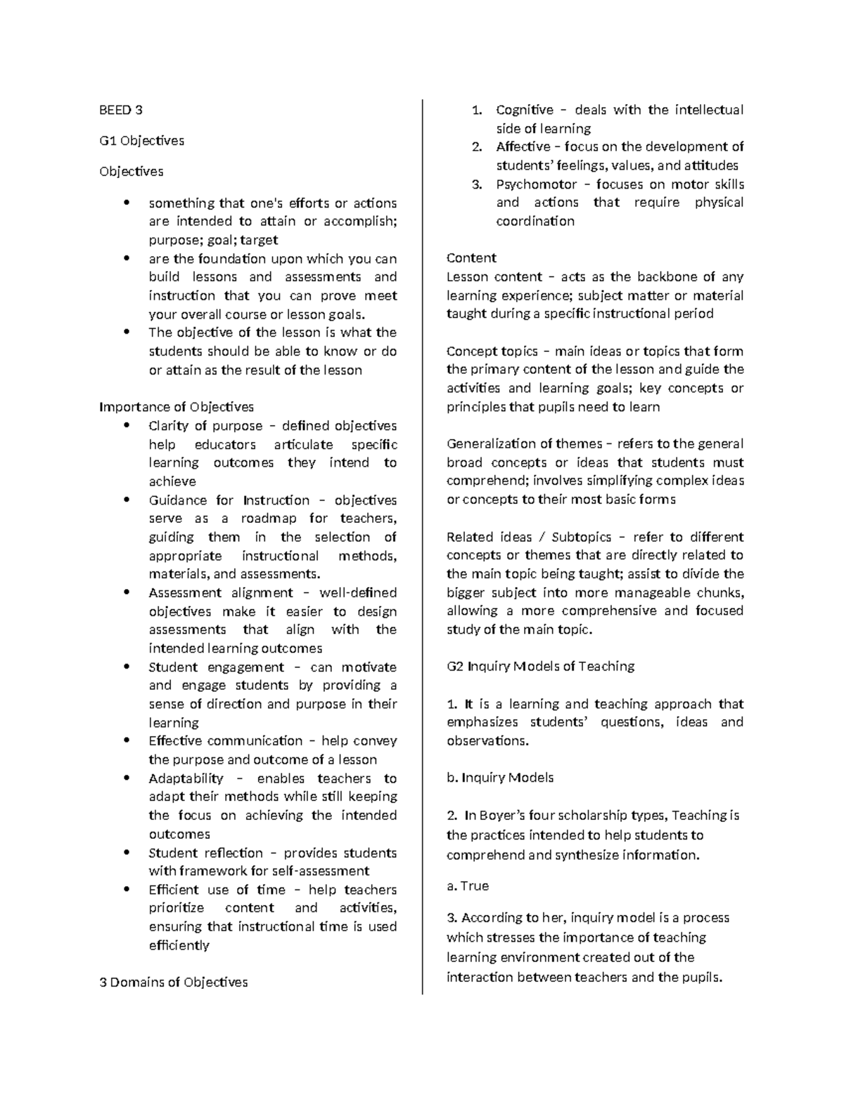 BEED 3 Lesson Objectives and Inquiry Models Overview - Studocu