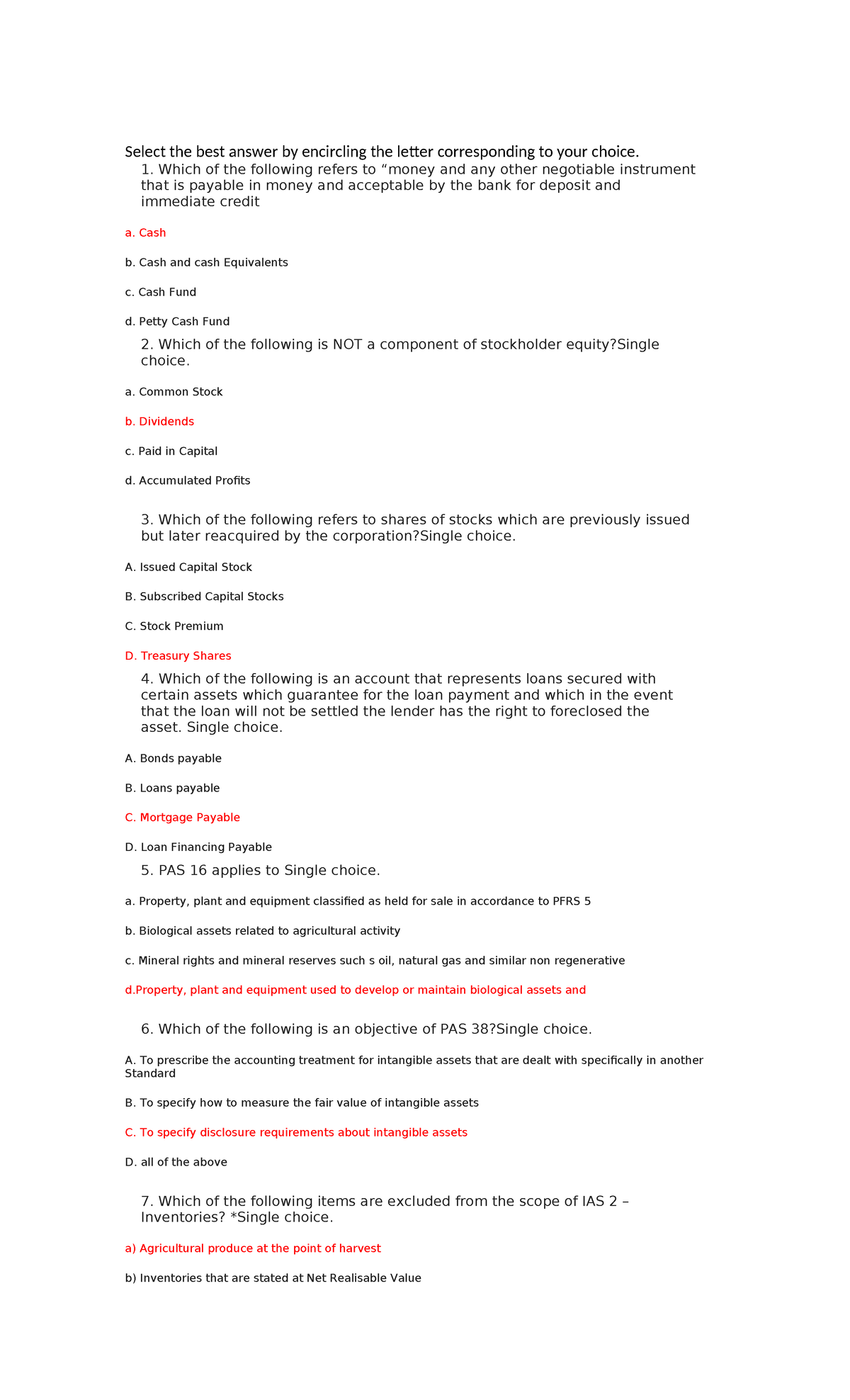 Accounting 103 Final EXAM Answer KEY - Select the best answer by ...