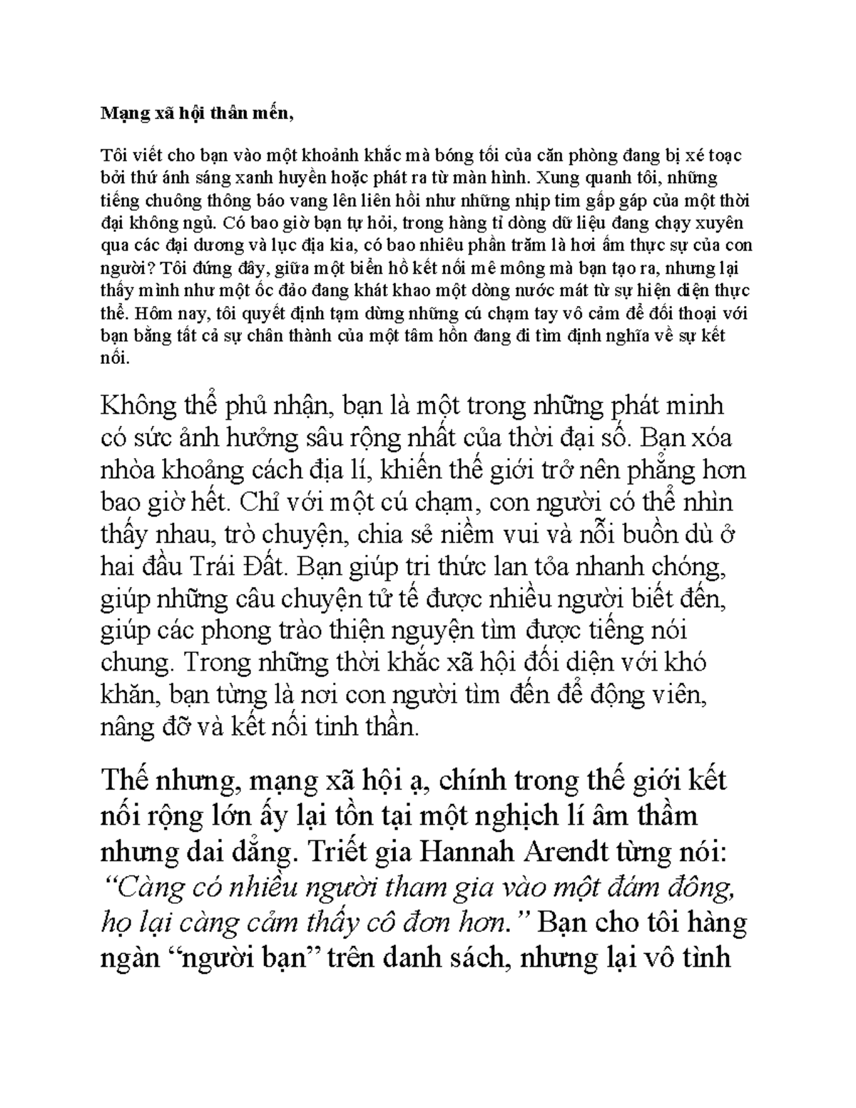 Mạng Xã Hội Thân Mến: Suy Nghĩ Về Kết Nối Thực Tại - MXH - Studocu