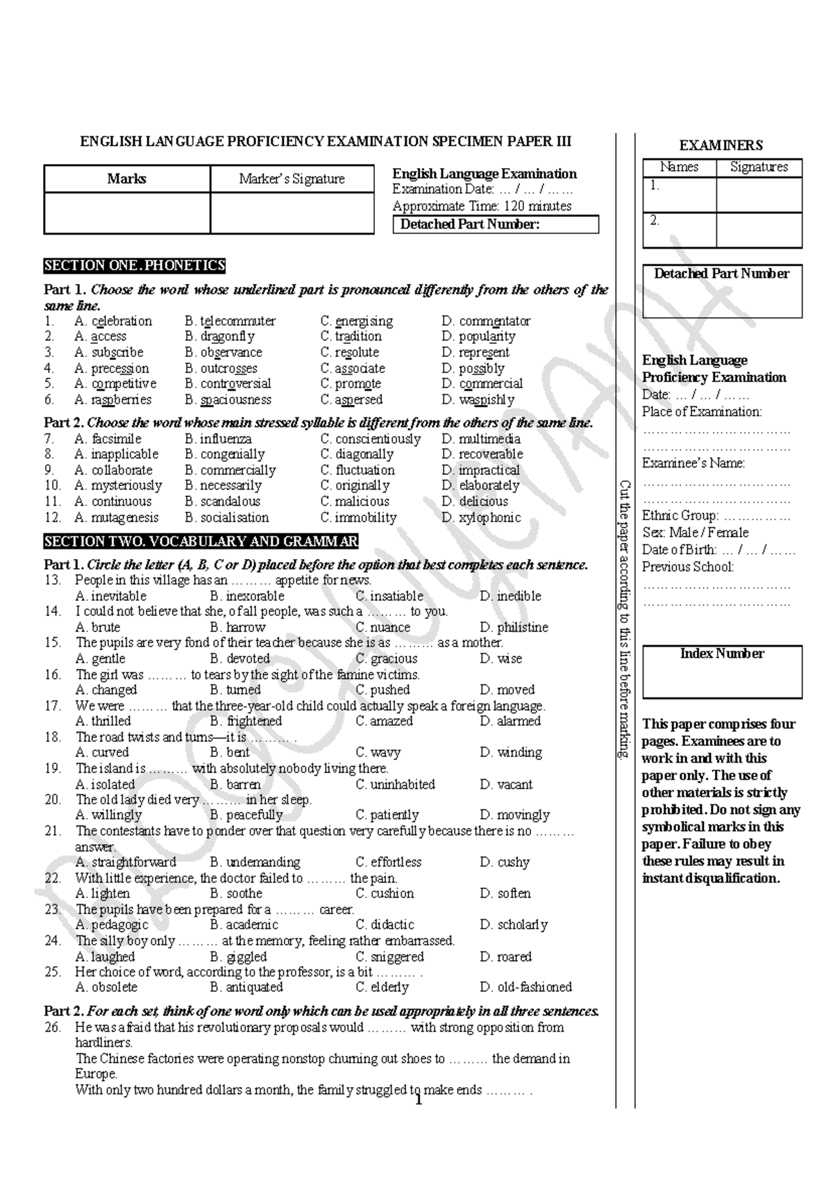 English Language Proficiency Examination Specimen Paper III 17347 - Studocu