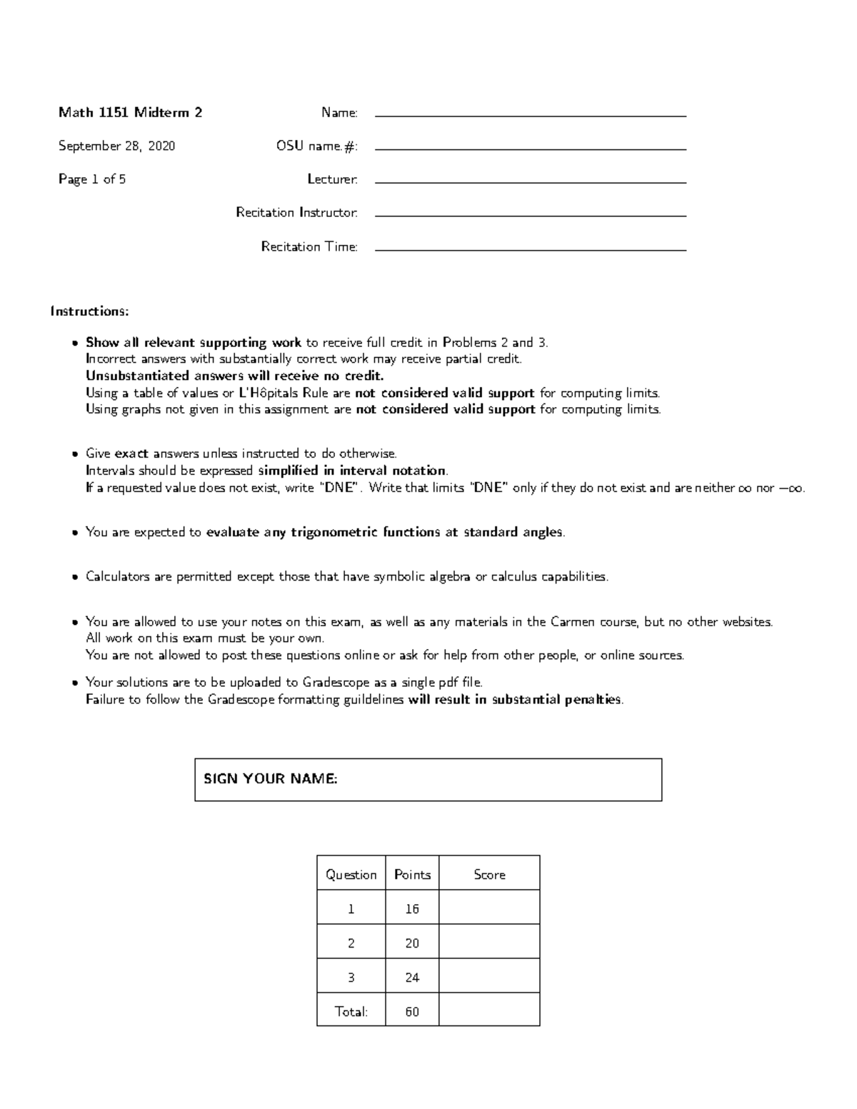 Math 1151 Midterm 2 Practice - Autumn 2020 Exam Guide - Studocu