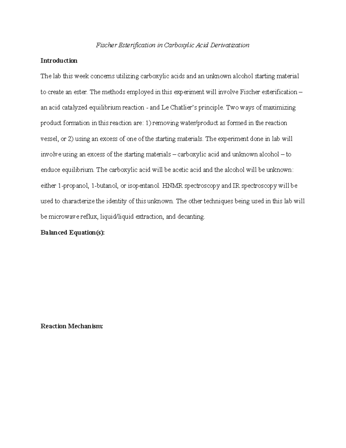 Experiment 5 lab - Fischer Esterification in Carboxylic Acid ...
