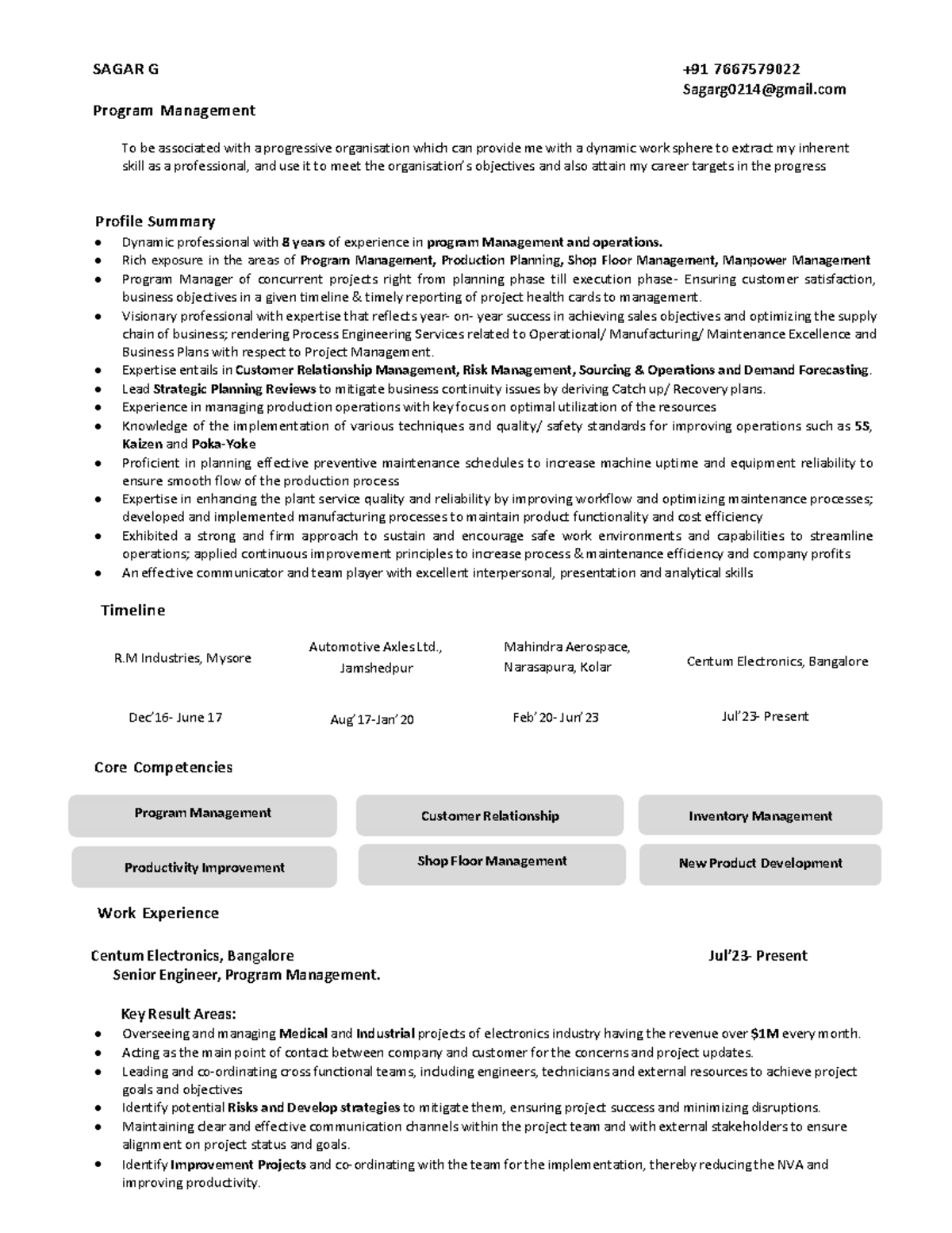 Program Management Experience Overview - SAGAR G 8Y 0M Profile - Studocu