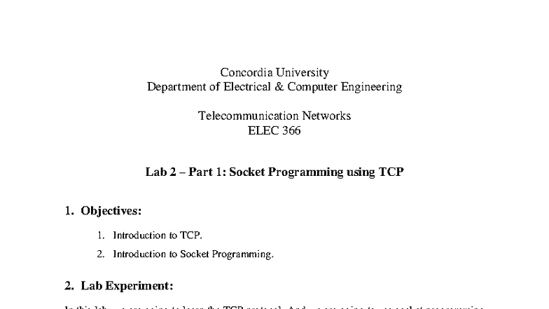 ELEC 366 Lab 2 Part 1: TCP Socket Programming Overview - Studocu