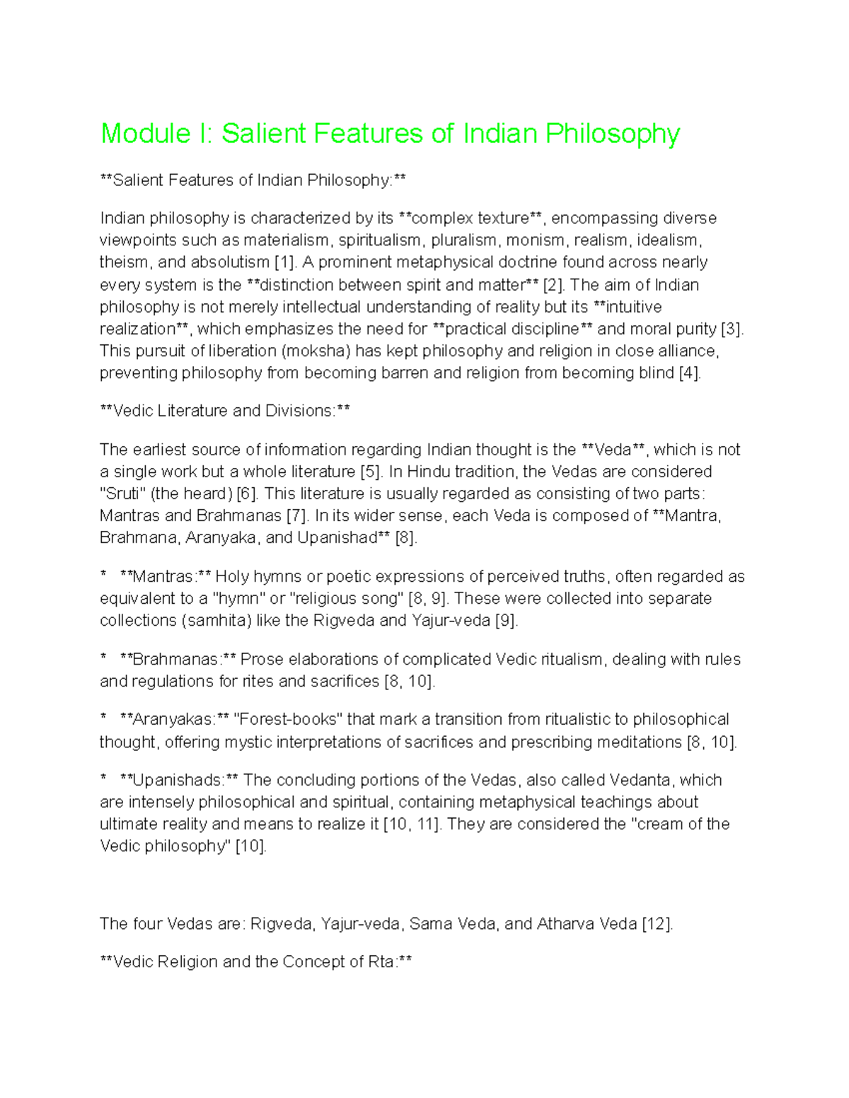 Module I: Salient Features of Indian Philosophy - Vedas Overview - Studocu
