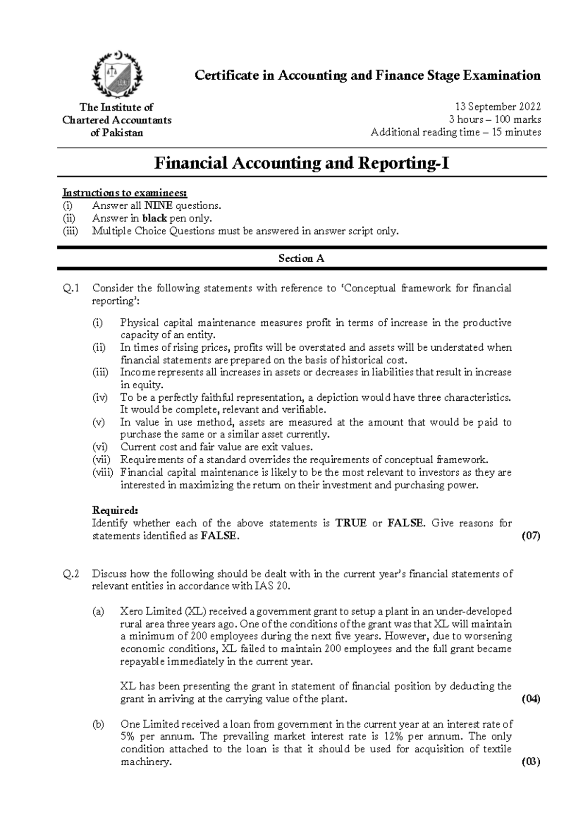 CAF 1 FAR1 Autumn 2022 - Financial Accounting and Reporting Past Paper ...