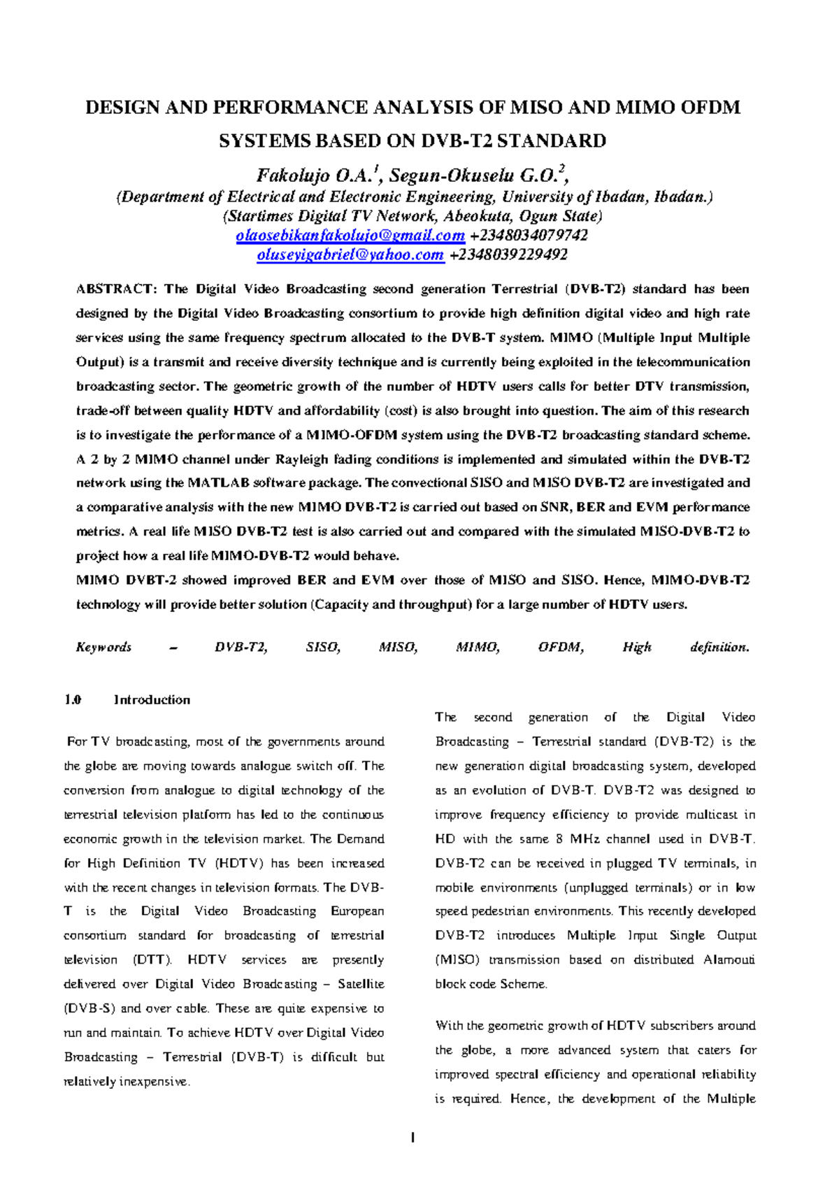"Performance Analysis of MISO & MIMO OFDM Systems with DVB-T2" - Studocu