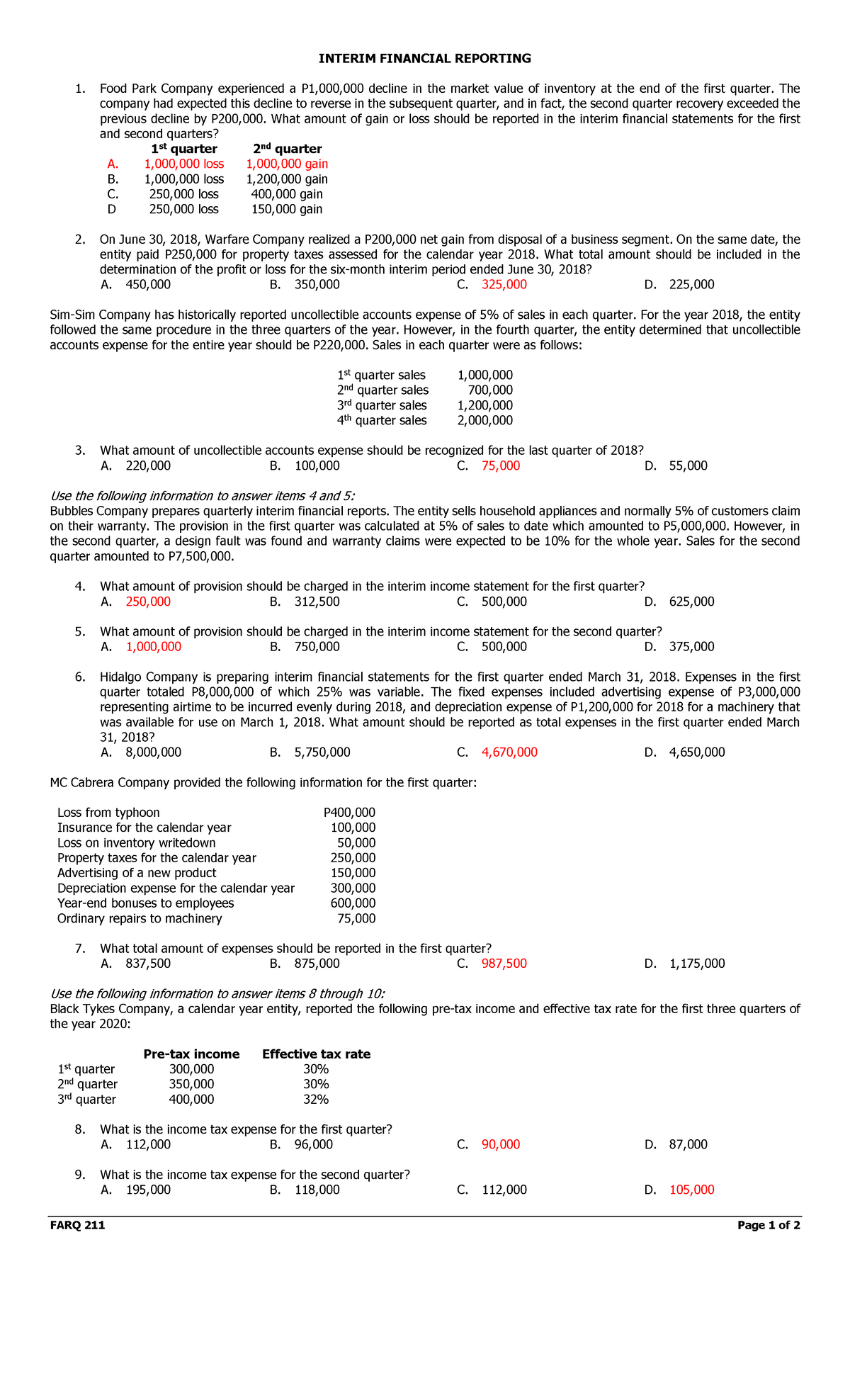 FARQ 211 Interim Reporting Solutions: Q1 & Q2 Analysis and Answers ...