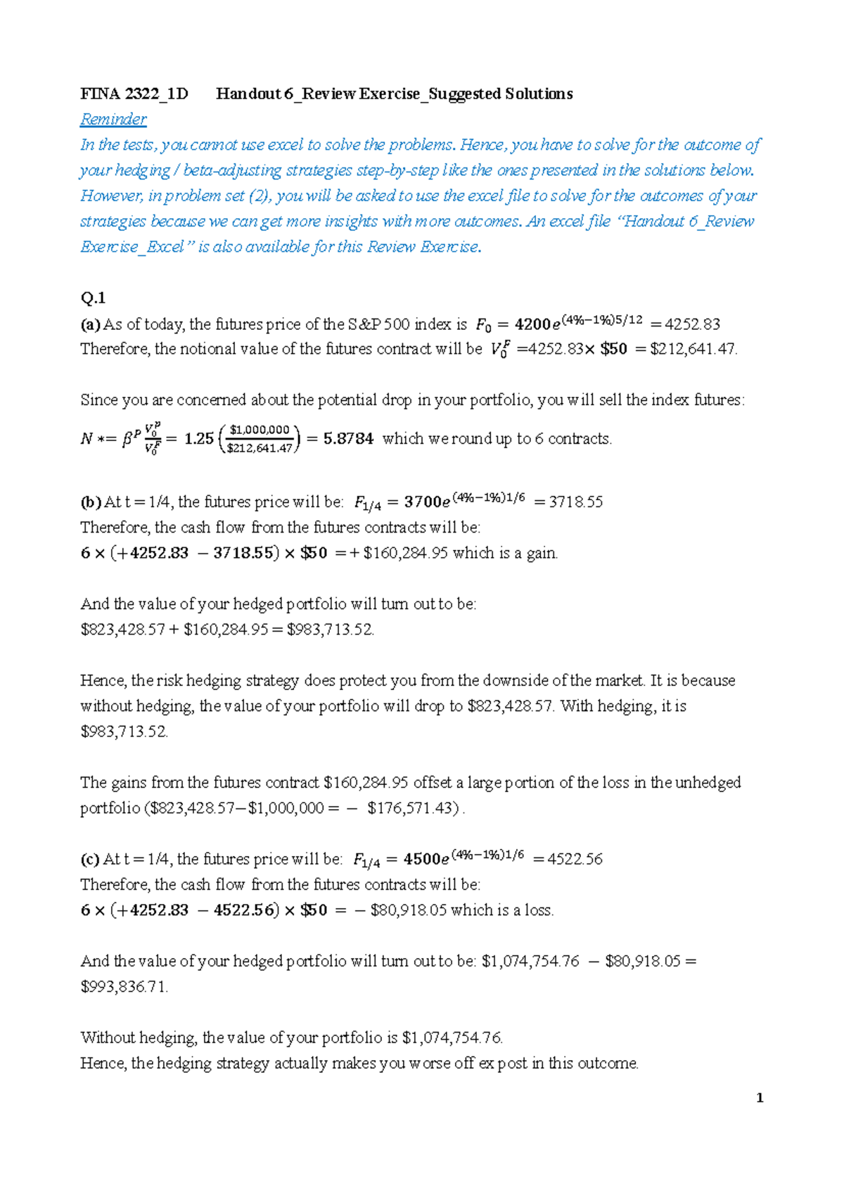 FINA 2322 Handout 6 Review Exercises: Suggested Solutions - Studocu