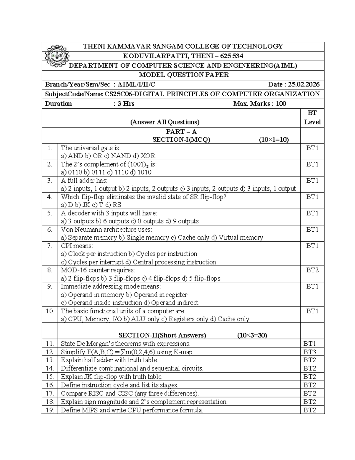DPCO- Model Question Paper for Principles of Computer Organization ...
