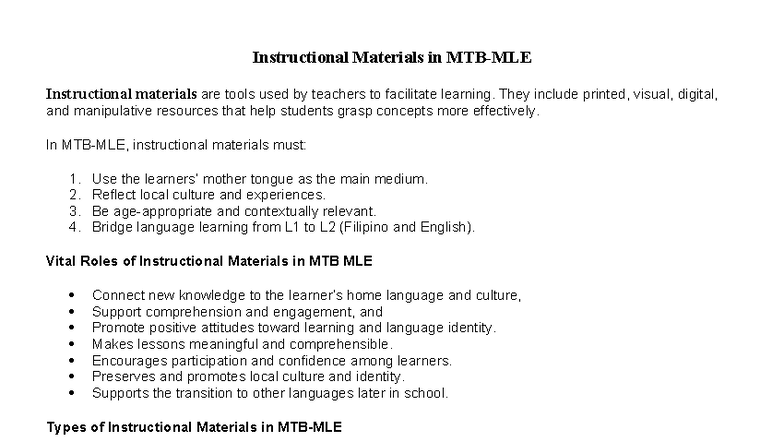 Instructional Materials in MTB MLE: Enhancing Learning Through Culture ...