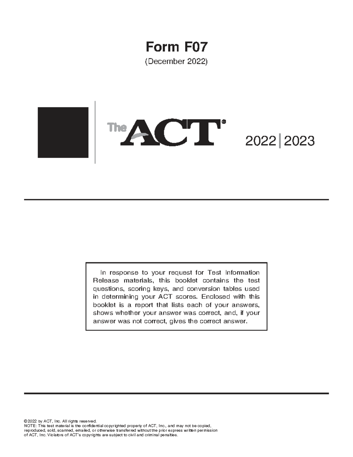 ACT10+(F07) - Test Info Release Materials & Practice Questions Guide ...