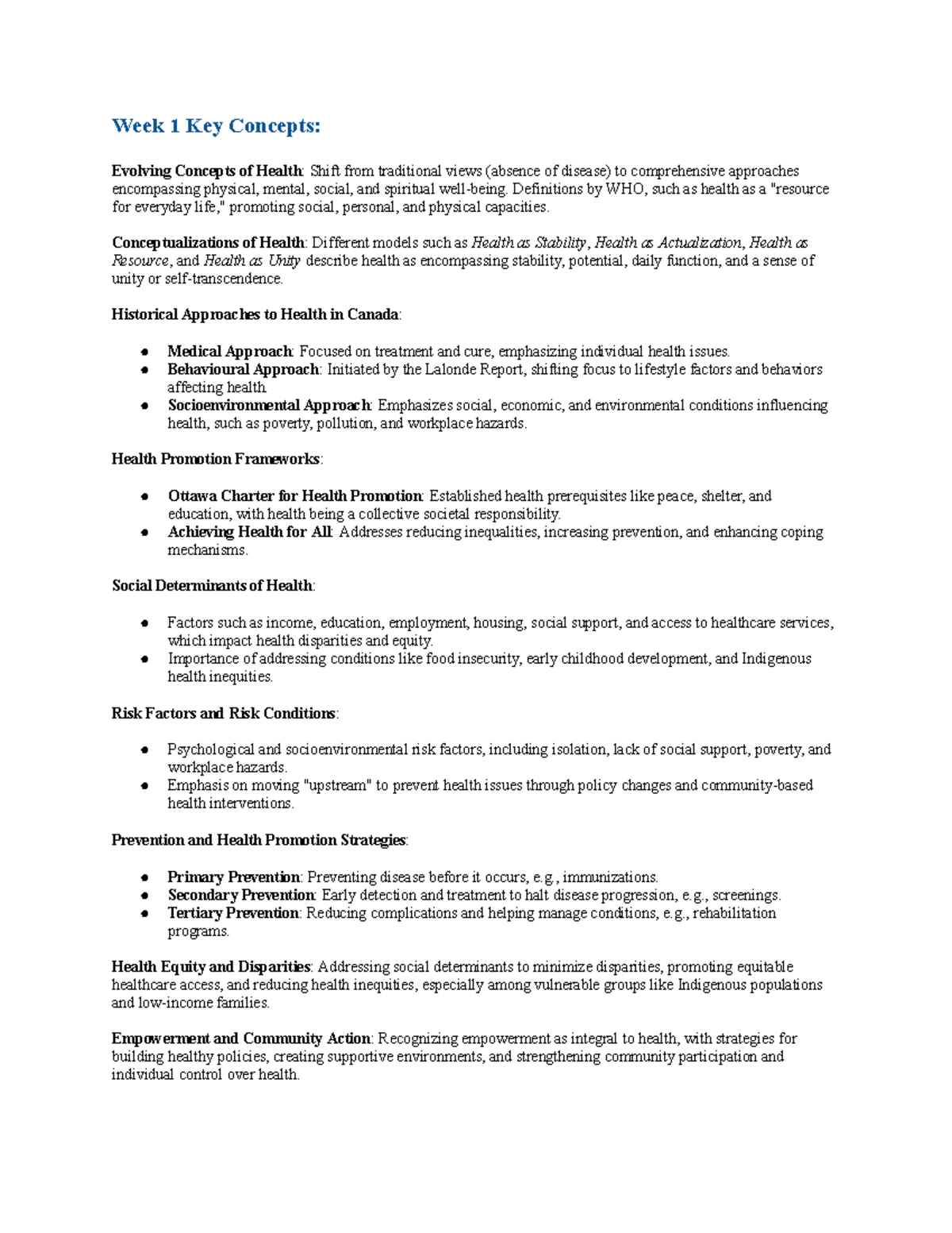 Intro to health - midterm - Week 1 Key Concepts: Evolving Concepts of ...