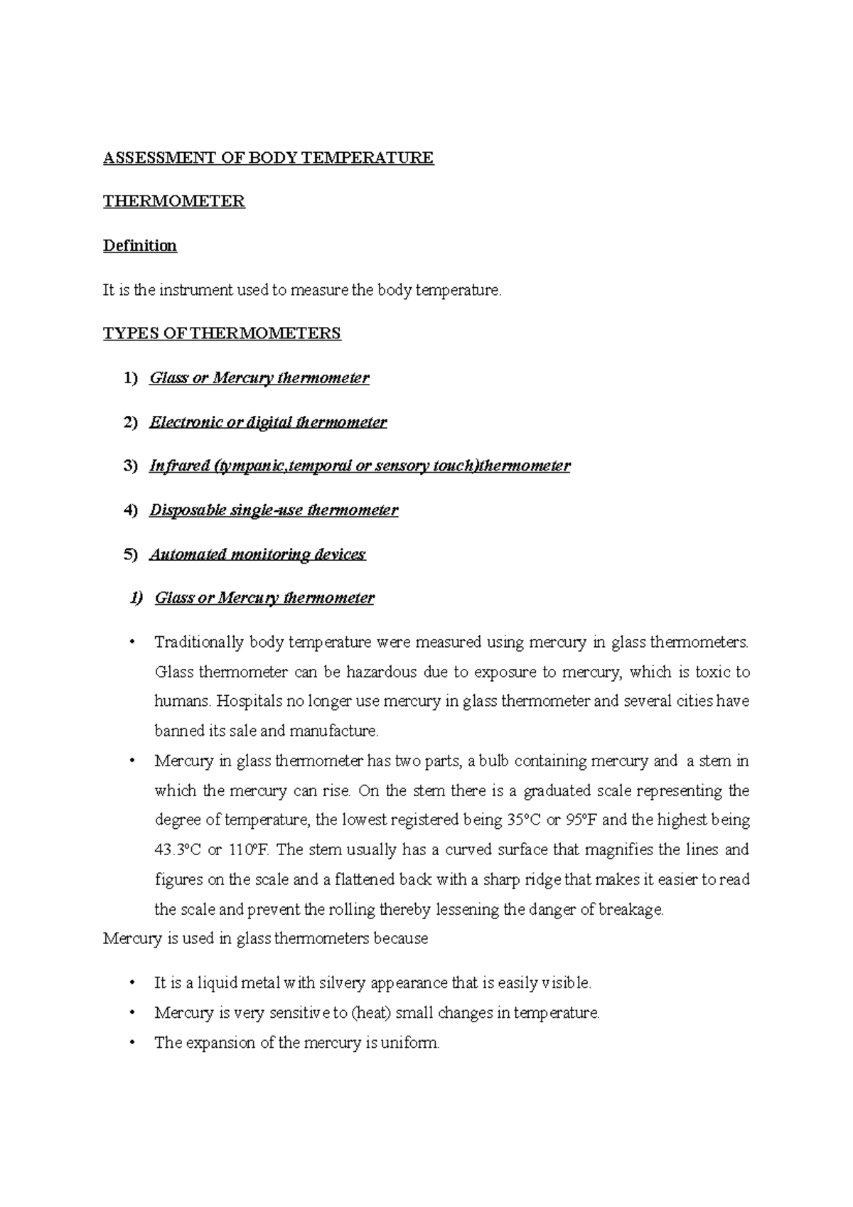 Thermometers and it's uses - ASSESSMENT OF BODY TEMPERATURE THERMOMETER ...