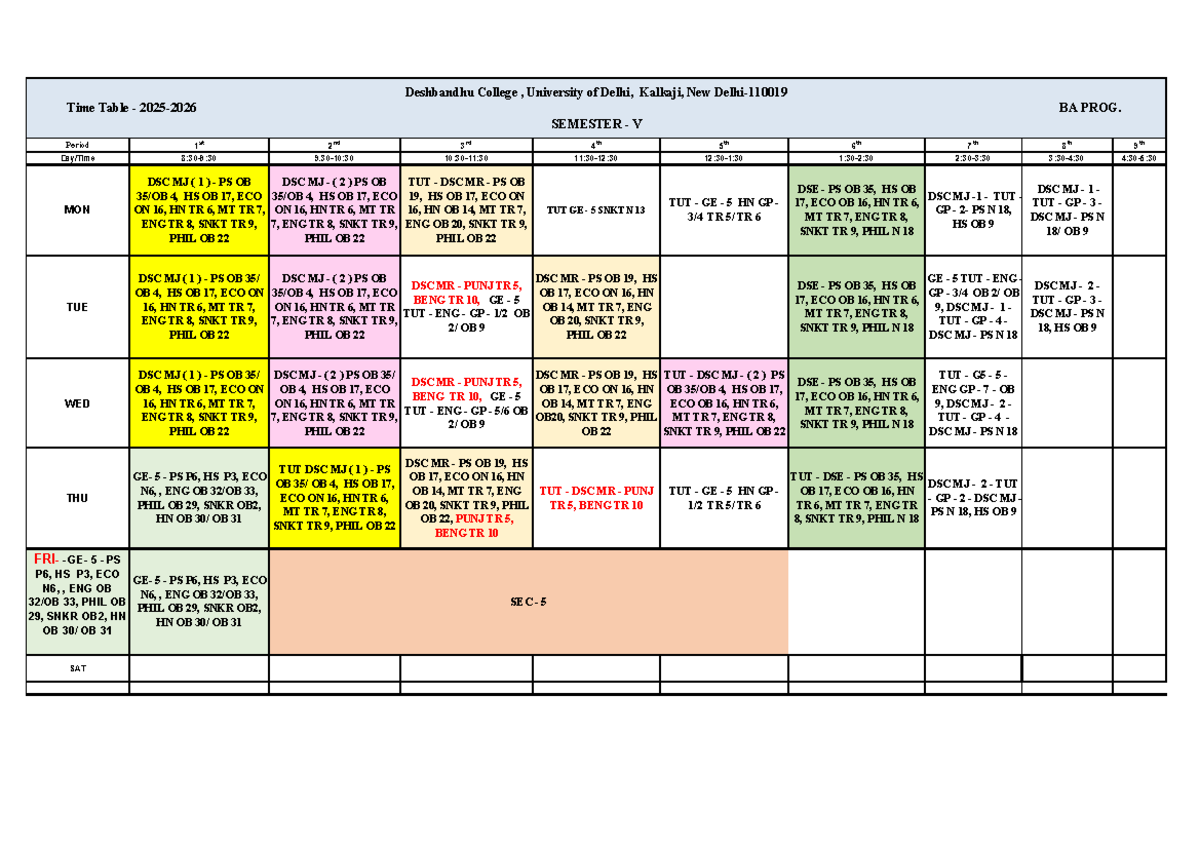 BA PROG. SEM V Time Table - Deshbandhu College 2025-2026 - Studocu