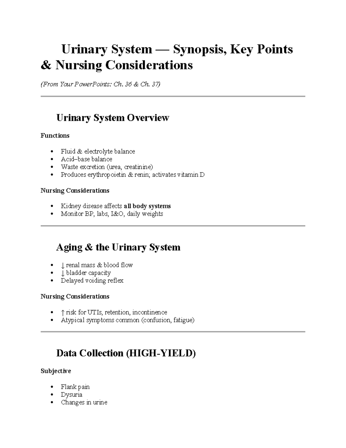 Urinary System Overview & Nursing Considerations (NURS 101) - Studocu