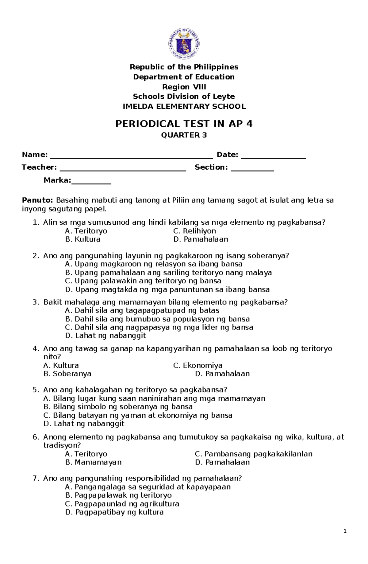 PT G4 Matatag Araling Panlipunan 4 Periodical Test Q3 - Studocu