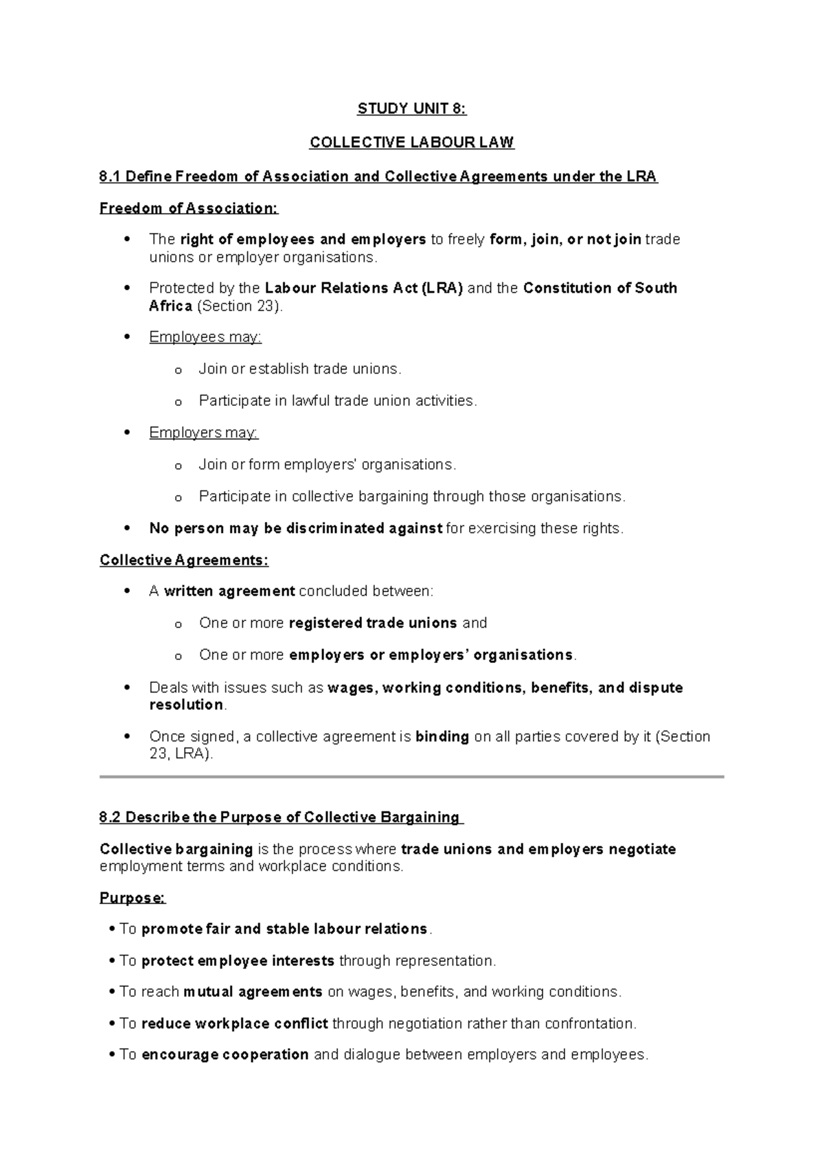SU 8-9 LLAW 221: Collective Labour Law & Strikes Overview - Studocu