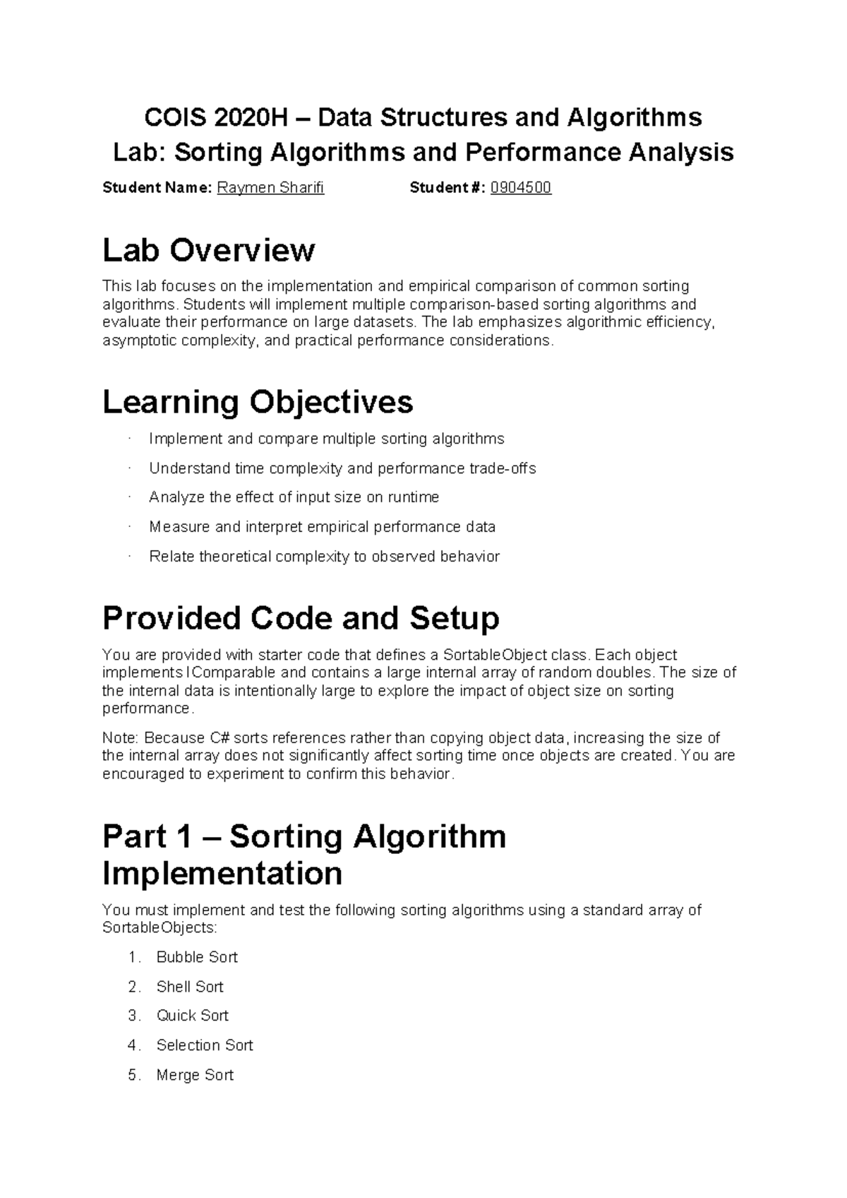 COIS 2020H Lab 3: Sorting Algorithms & Performance Analysis - Studocu