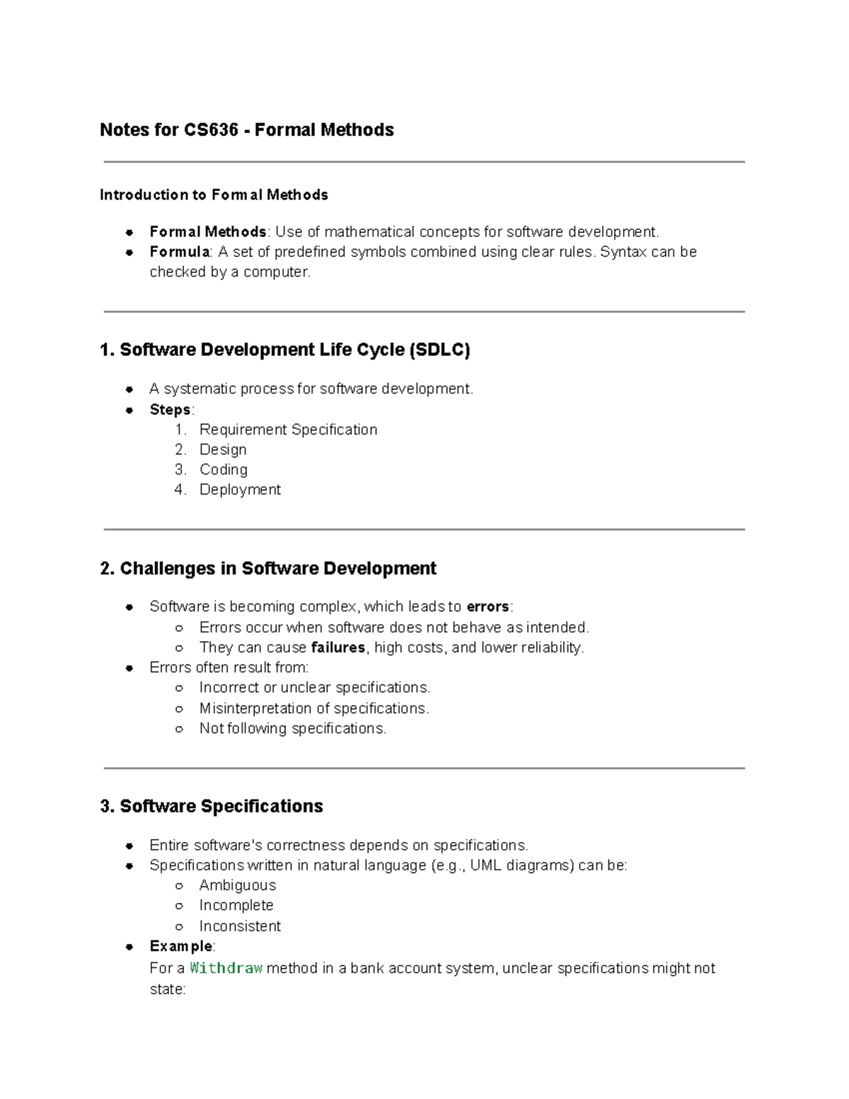 CS636 Midterm Notes on Formal Methods and Software Development - Studocu