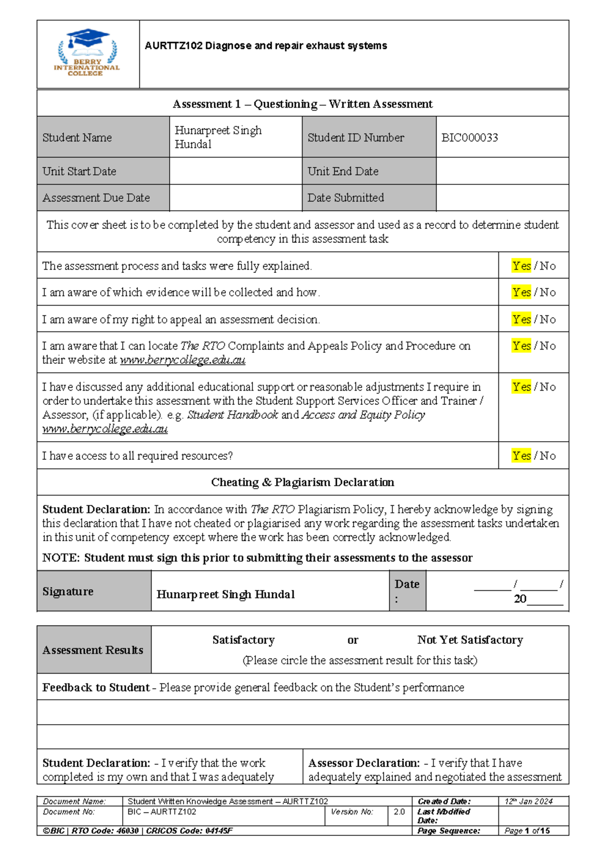 Student Written Knowledge Assessment - AURTTZ 002 V2 - Studocu