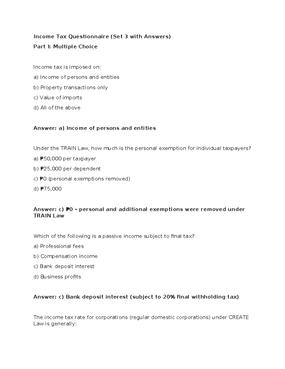 Income Tax Questions - Practice Set 3 with Answers - Studocu