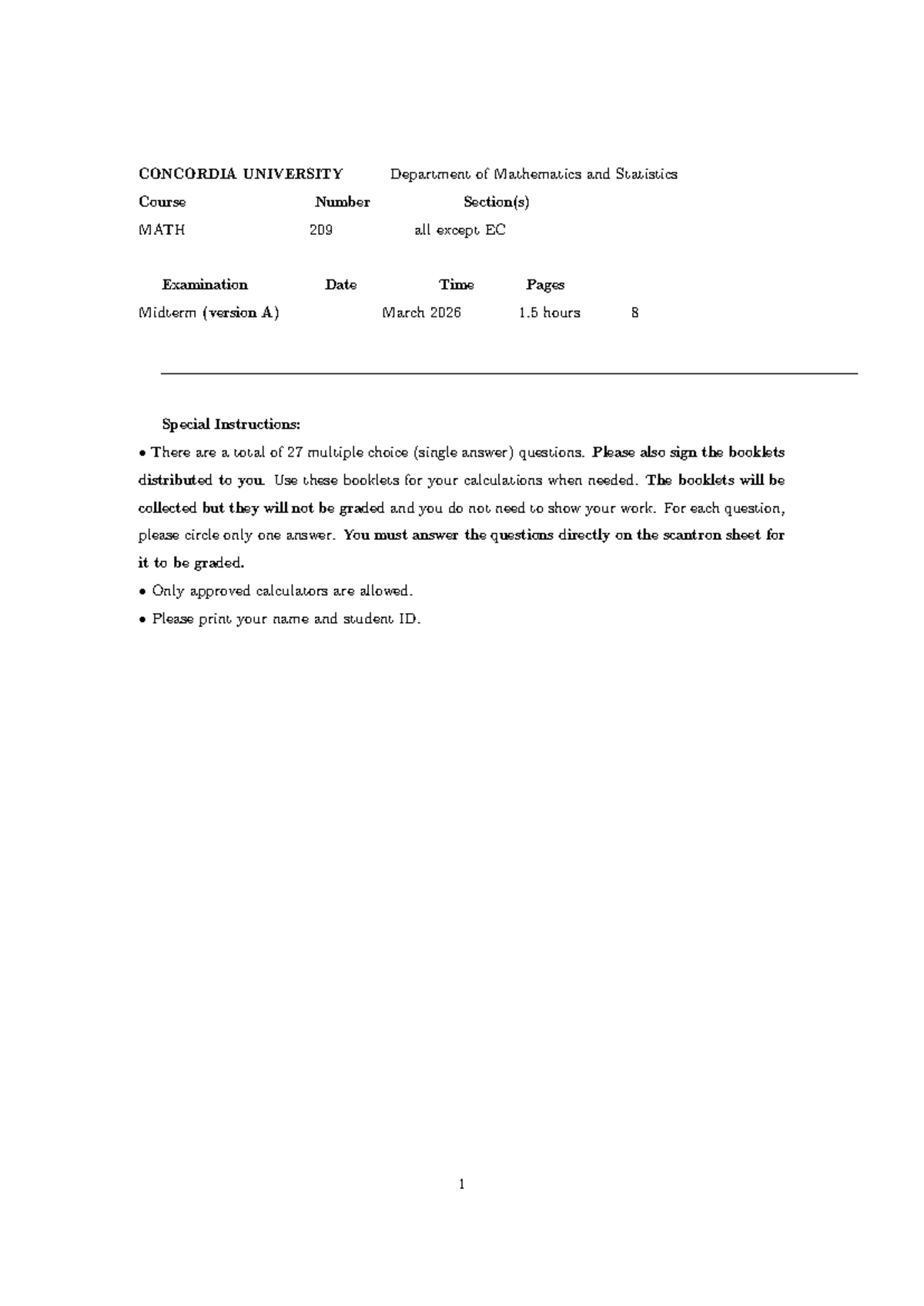 Math 209 Midterm Exam - Winter 2026 (Version A) - Studocu