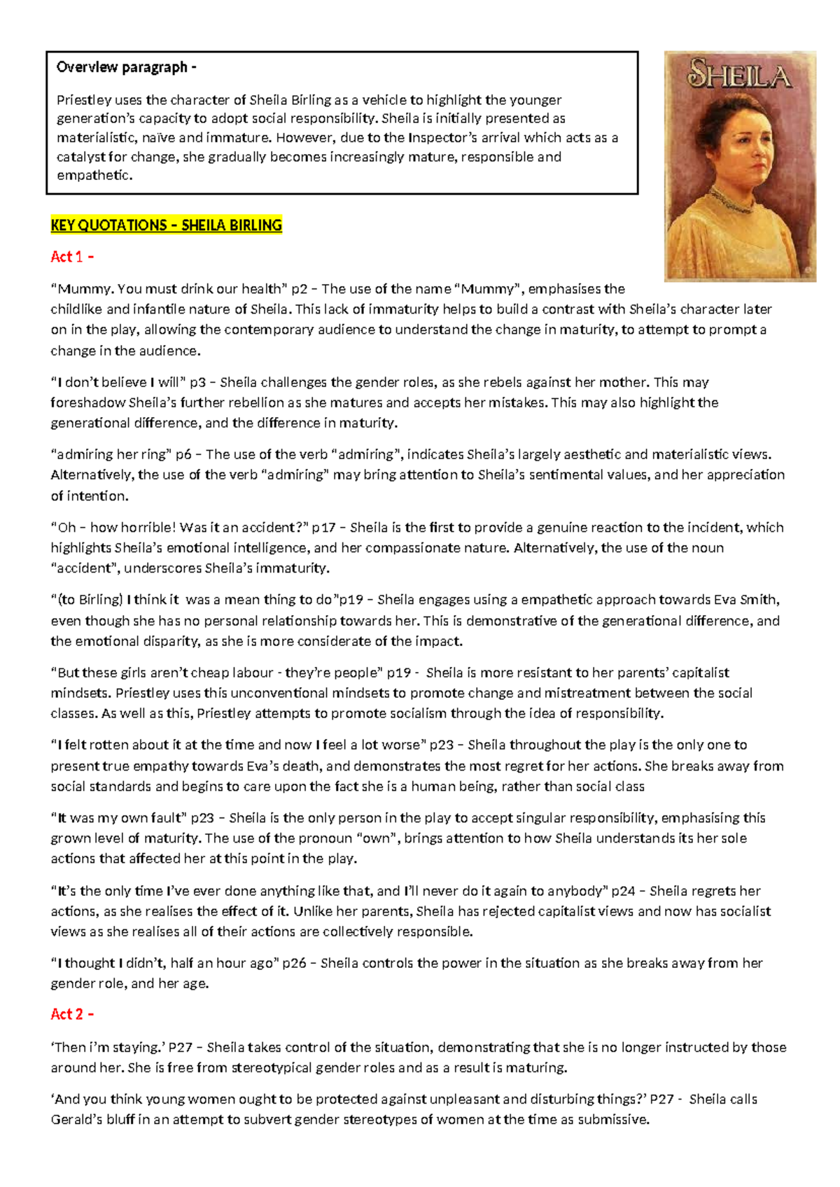 Key Quotations on Sheila Birling - A Study of Transformation - Studocu