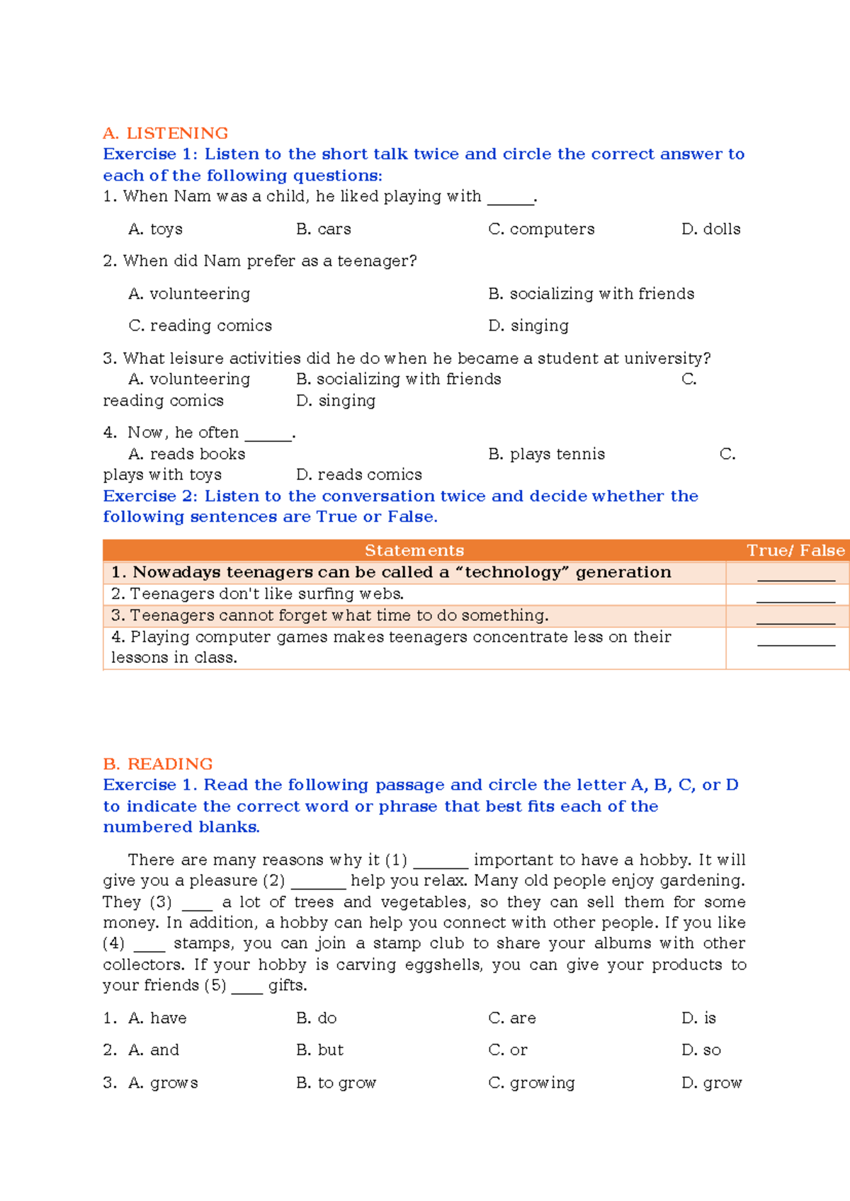 TL Skills 2+ Listening & Reading Exercises - BTVN - Studocu