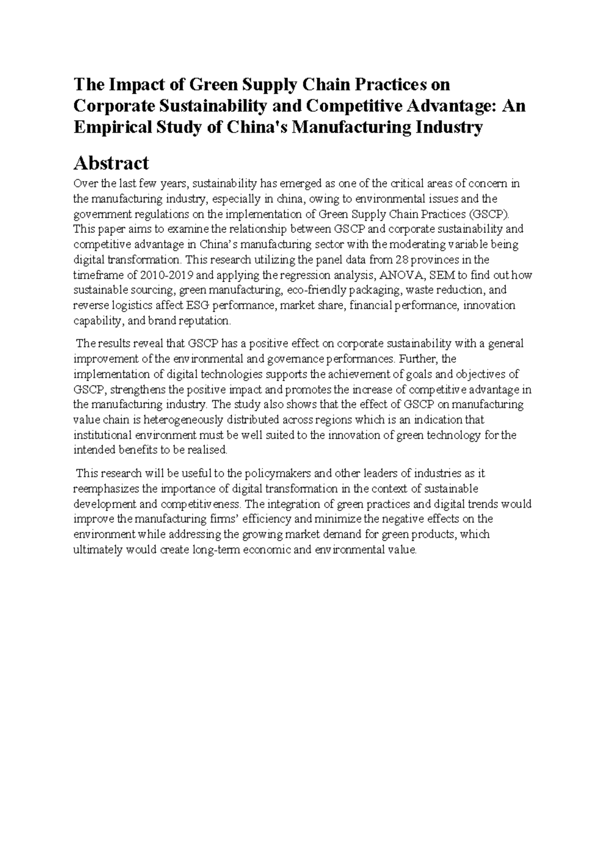 The Impact of GSCP on Corporate Sustainability & Competitive Advantage ...