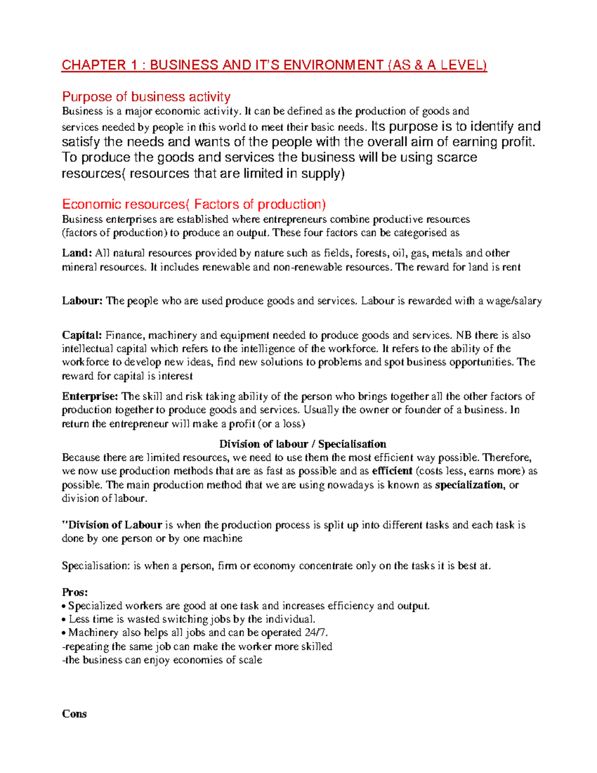 Chapter 1: Business & Its Environment (AS & A Level Study Notes) - Studocu