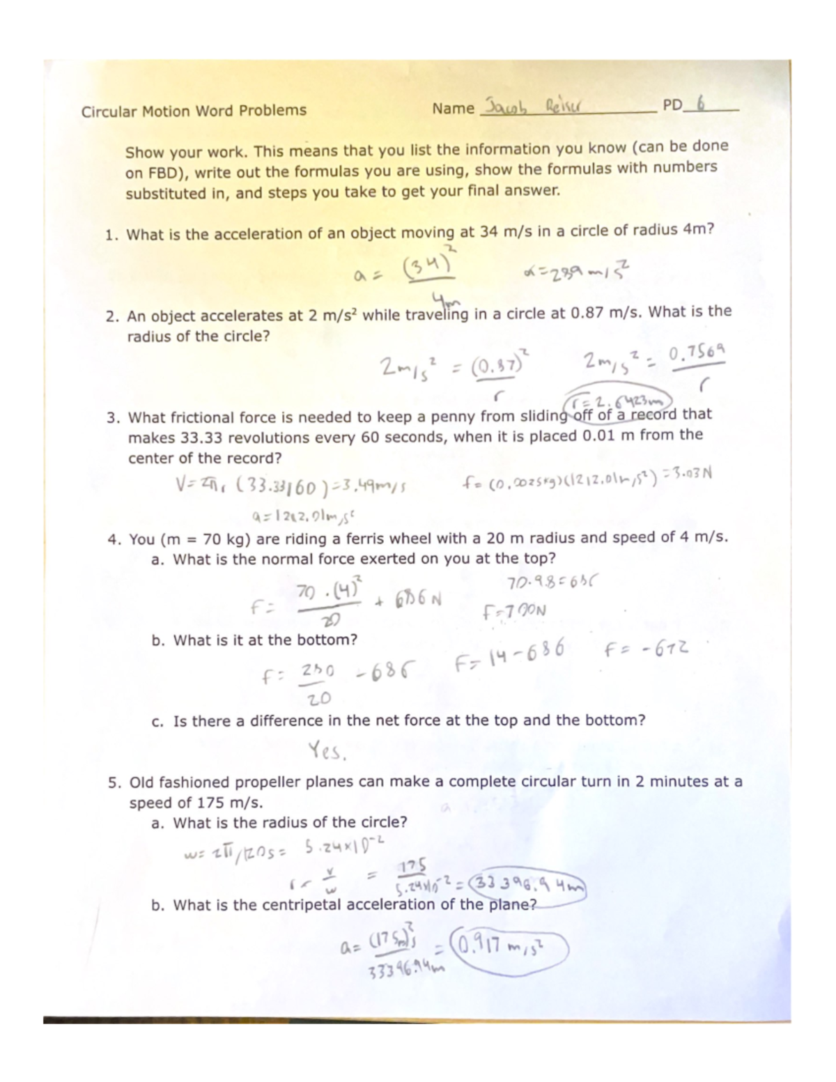 Circular Motion Word Problems - This means that you list the ...
