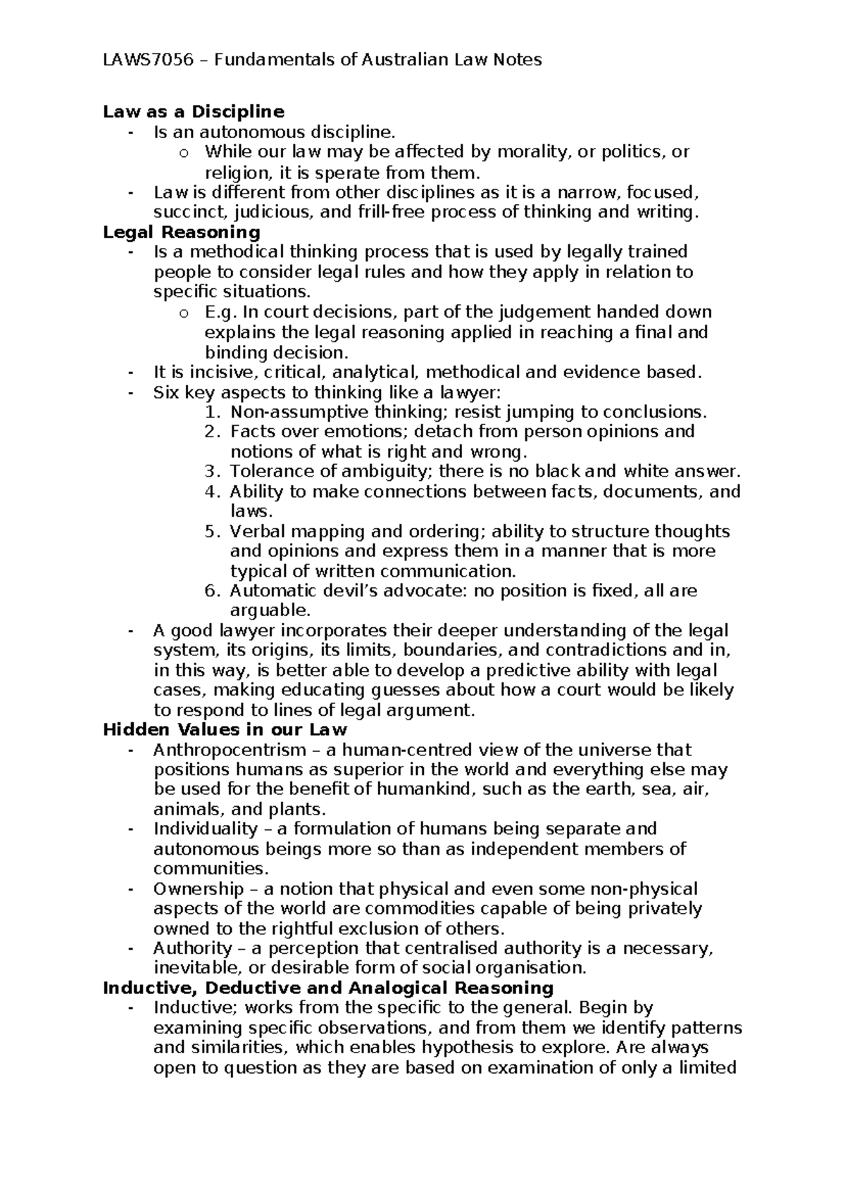 LAWS7056 Fundamentals of Australian Law comprehensive study notes - Studocu