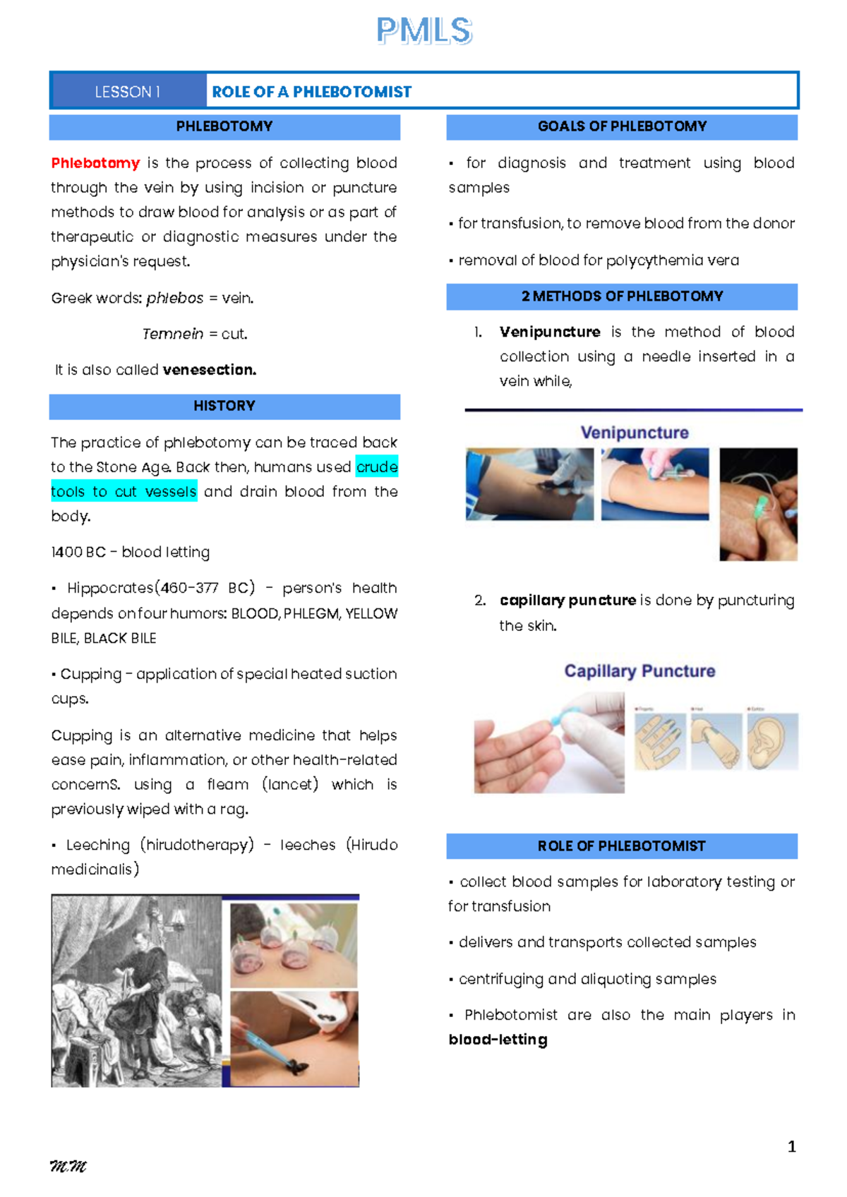 PMLS 1: Lesson 1 - Role and Methods of Phlebotomy - Studocu