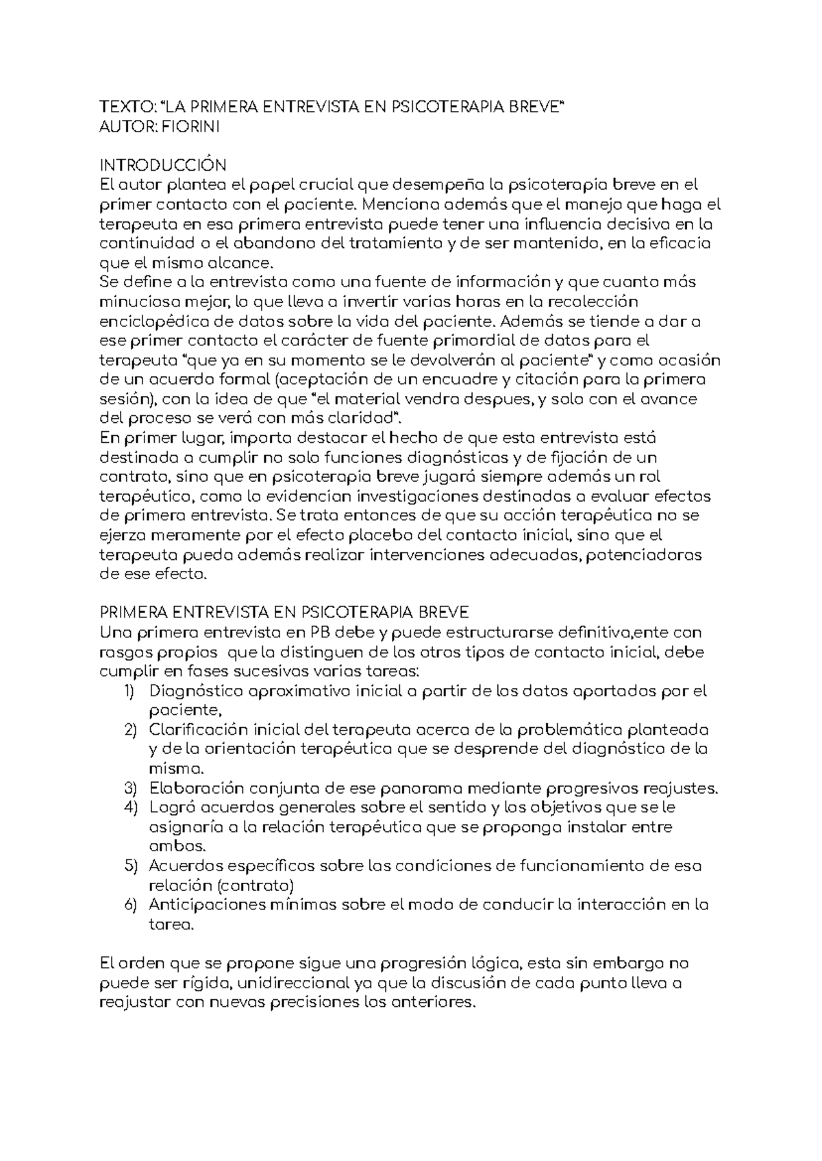 TEXTO: PRIMERA ENTREVISTA EN PSICOTERAPIA BREVE - FIORINI - Studocu