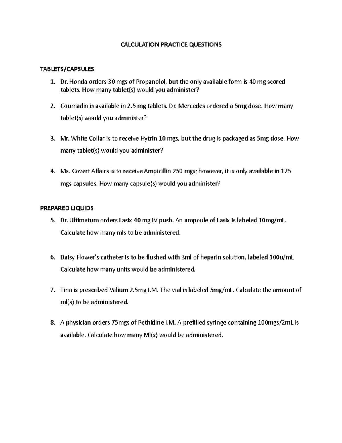 Calculation Practice Questions for Medication Dosage (PHRM 101) - Studocu