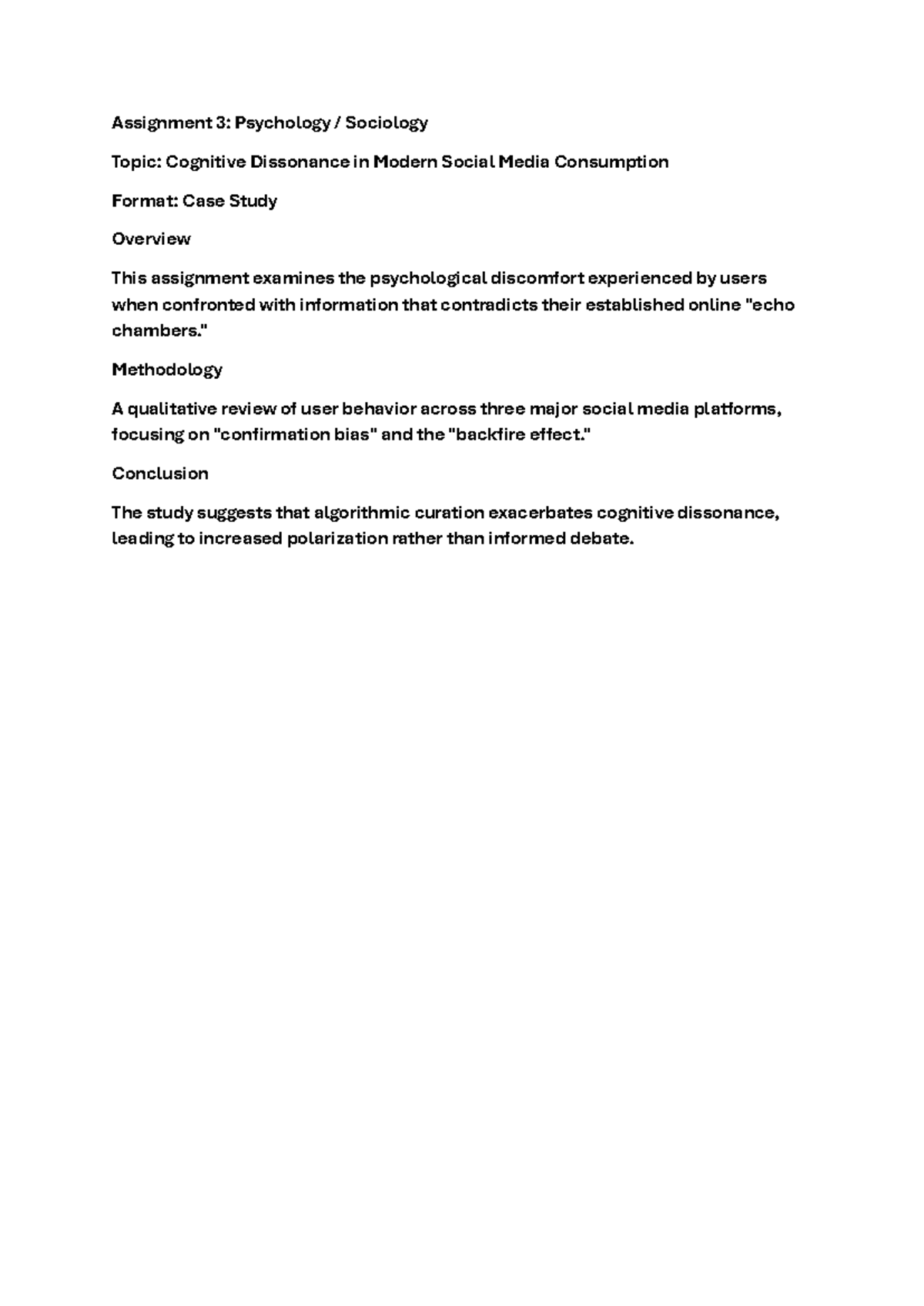 Assignment 3 - business - Assignment 3: Psychology / Sociology Topic ...