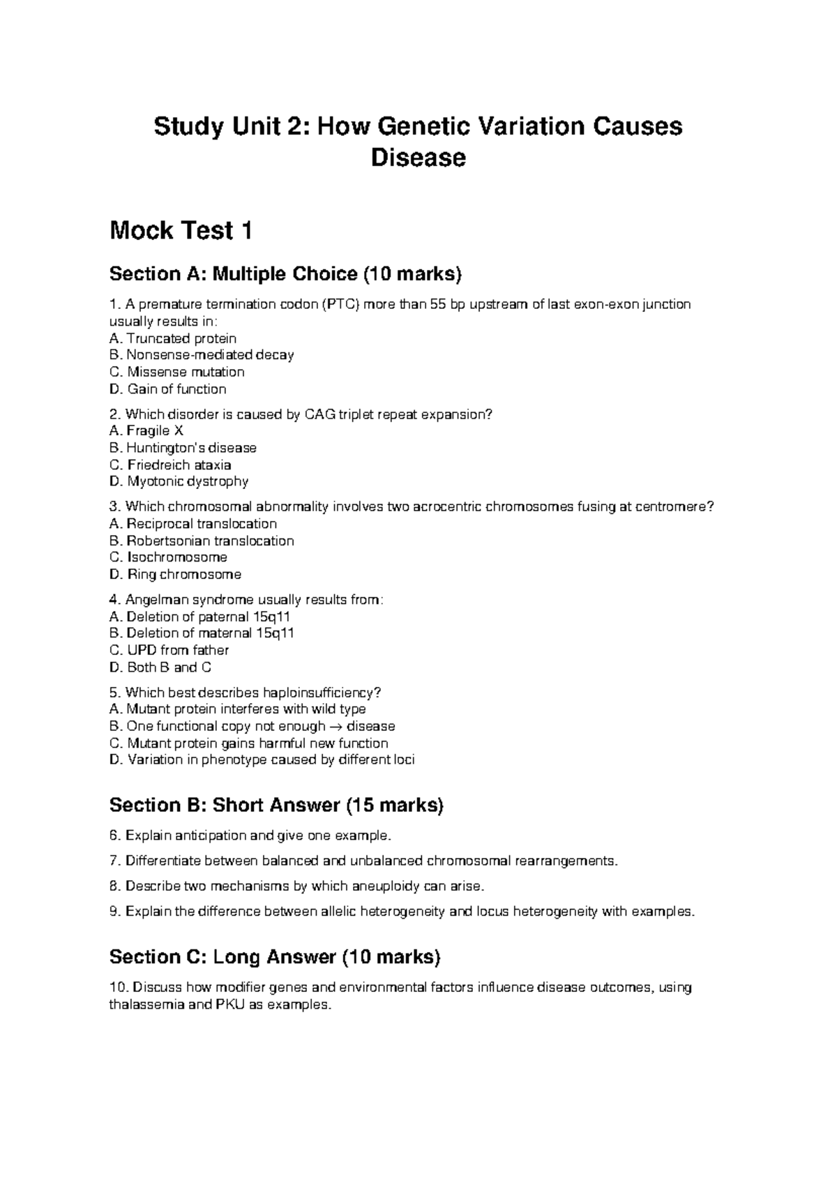 Genetic Variation Unit 2: Disease Mock Test 1 & Answers - Studocu
