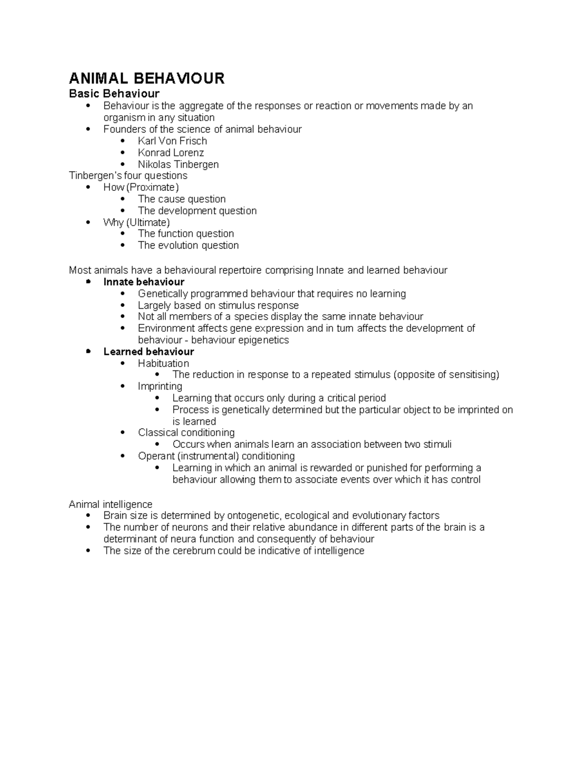 Animal Behaviour Notes: Key Concepts and Theories (BIOL2021) - Studocu