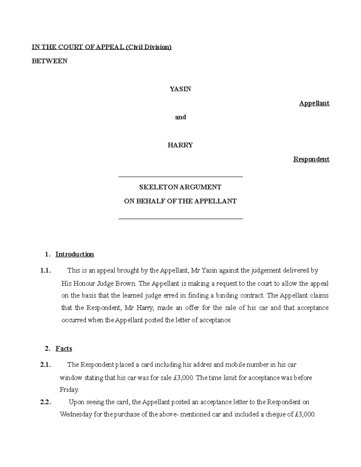 Skeleton argument model - IN THE COURT OF APPEAL (Civil Division ...