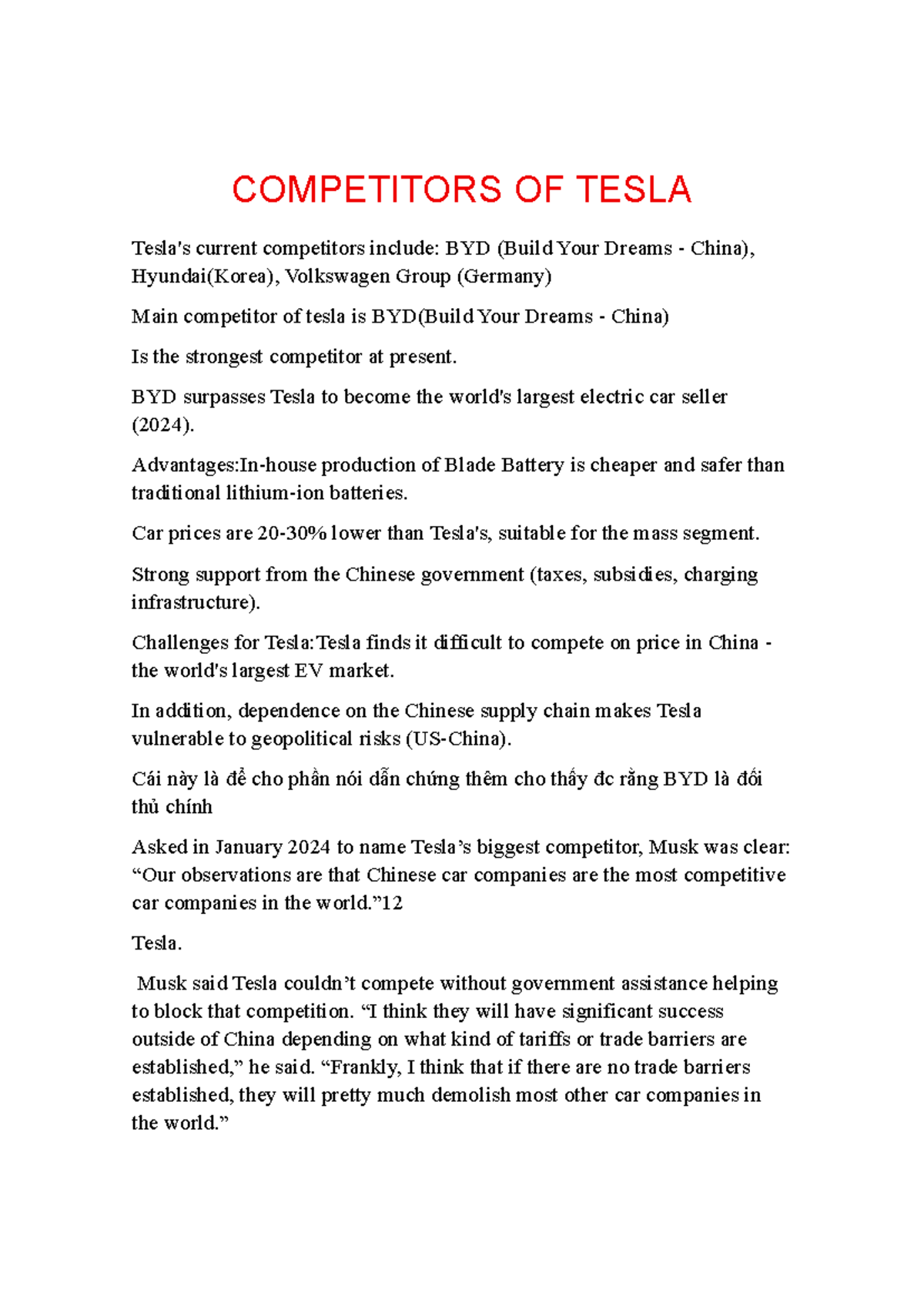 COMPETITORS OF TESLA: Analyzing D, Hyundai, and Volkswagen (2024) - Studocu