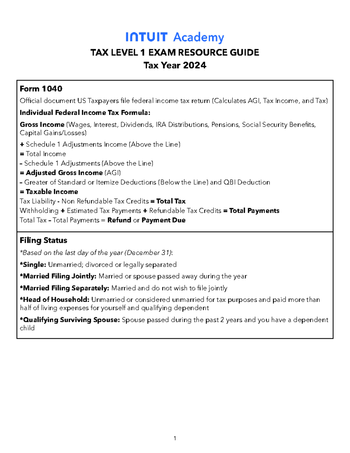 TAX LEVEL 1 FINAL EXAM GUIDE: 2024 Federal Income Tax Overview - Studocu