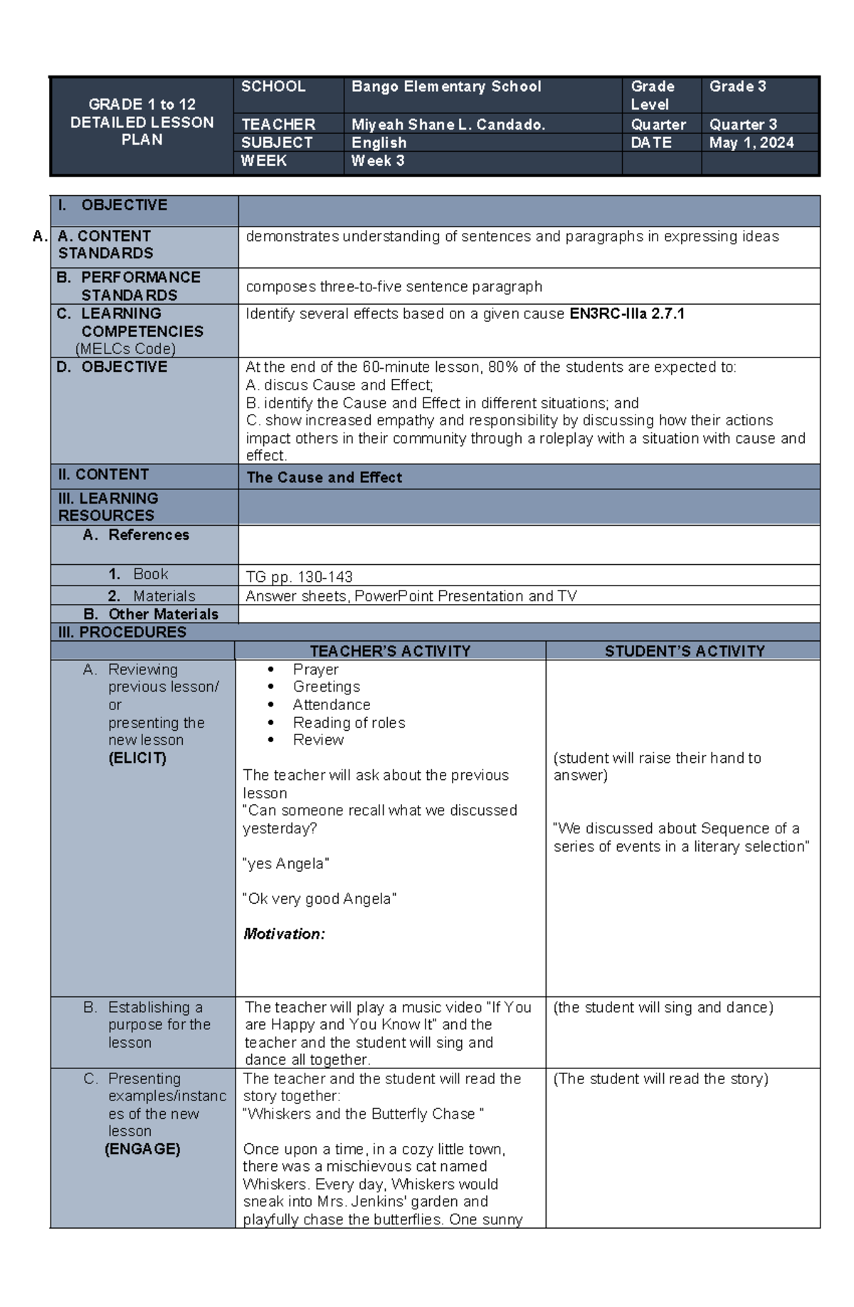 7Es Lesson Plan on Cause and Effect - Grade 3 English - Studocu
