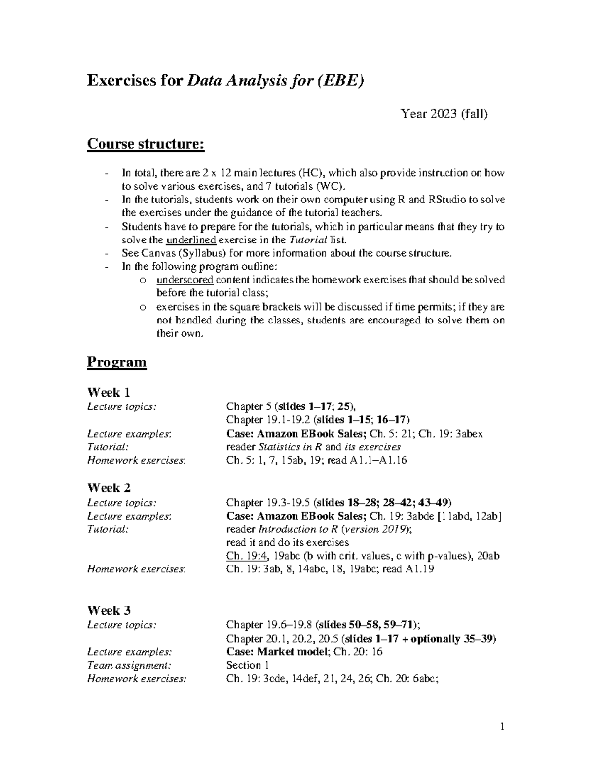 Weekly Exercises for Data Analysis (EBE) - Fall 2023 Edition - Studeersnel