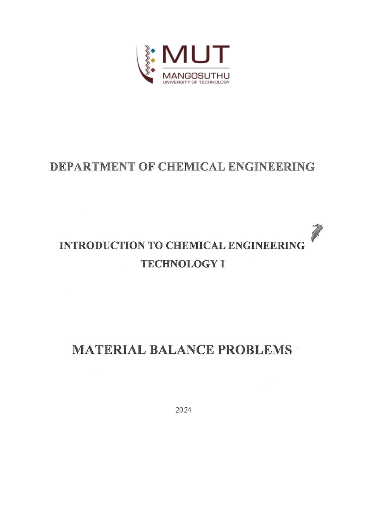 2024 MUT Chemical Engineering Material Balances Notes & Tutorial - Studocu