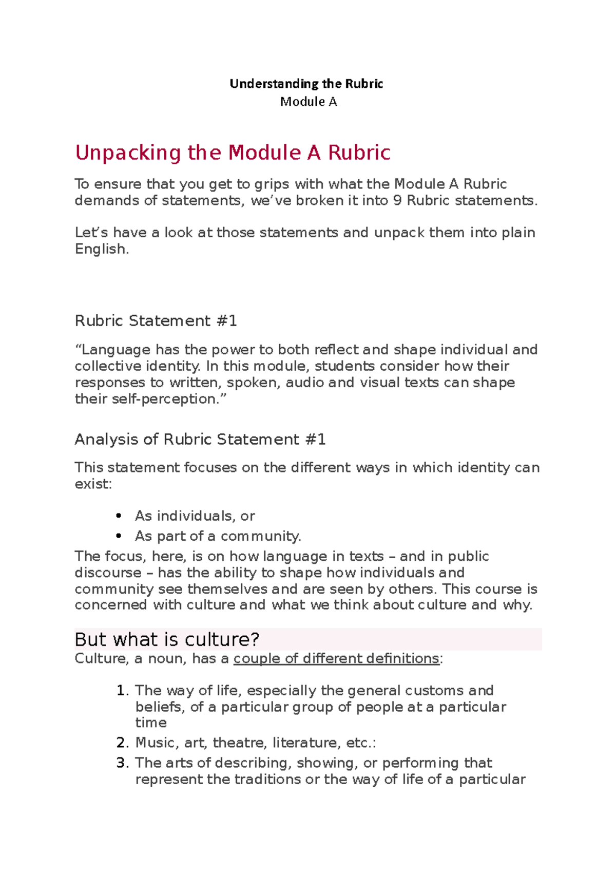 Module A Rubric Breakdown: Analyzing Identity & Culture in Texts - Studocu