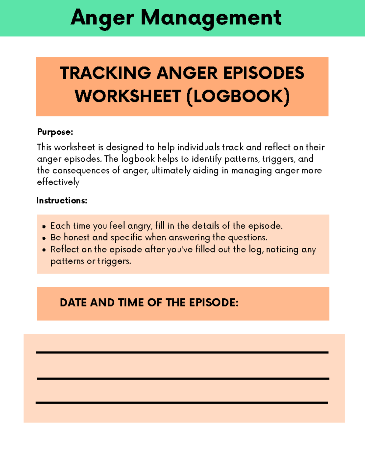 Anger Management Logbook: Tracking Anger Episodes Worksheet - Studocu