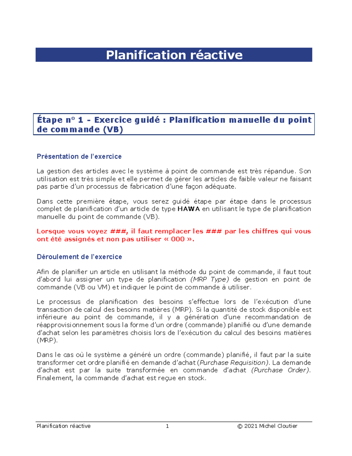 Exercice guidé : Planification manuelle du point de commande (VB) - Studocu