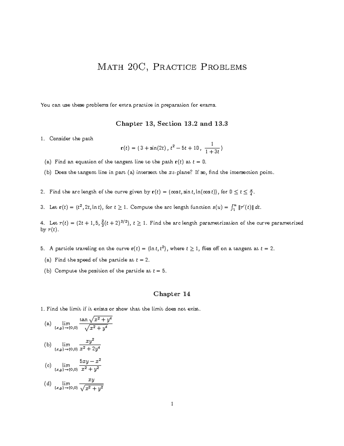 Practice Problems for Midterm Math 20C: Chapters 13 & 14 - Studocu